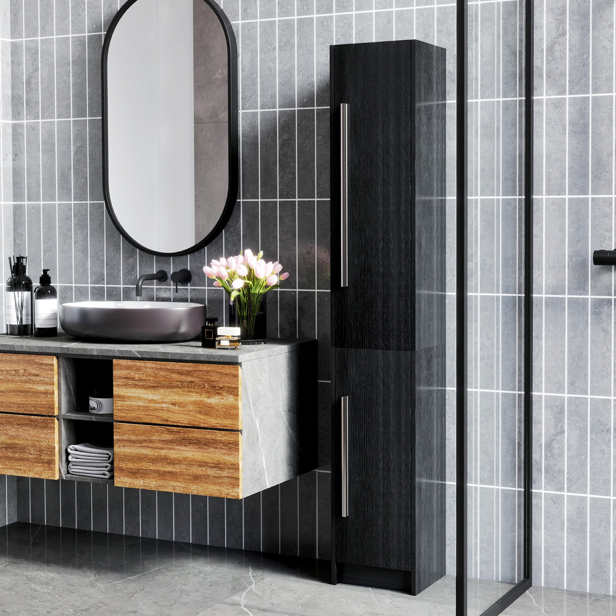 Freestanding Tall Bathroom Storage Cabinet with Adjustable Shelves, Bathroom Organizer, Black Wood Grain Bathroom Cabinets Black Wood Grain  at Gallery Canada