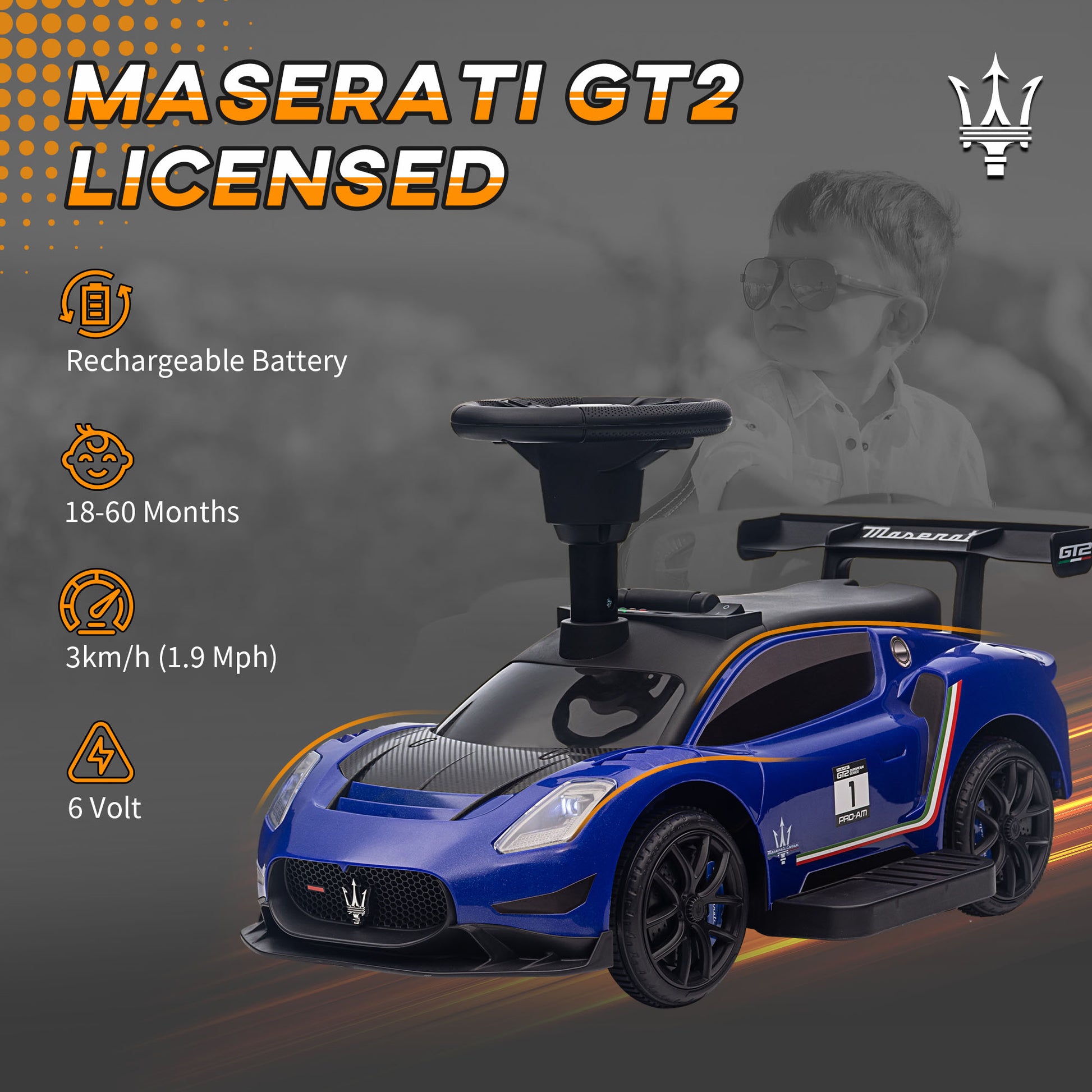 6V Maserati GT2 Licensed Electric Car for Kids, Ride on Car with Under Seat Storage, LED Headlights Music, Blue Electric Toy Cars   at Gallery Canada