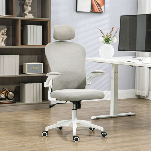 Office Chair, Mesh Computer Desk Chair with Adjustable Headrest, 4D Lumbar Support, Flip-up Arm, Grey
