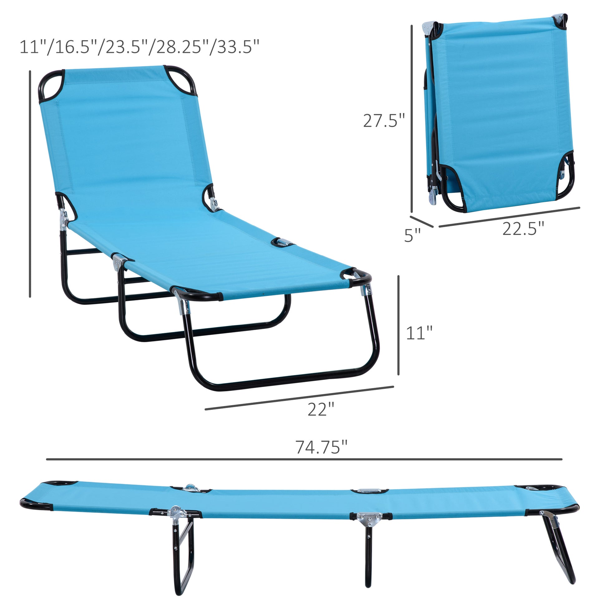 Outdoor Folding Lounge Chair, Steel Tanning Chair with Reclining Back, Breathable Mesh for Beach, Yard, Patio, Sky Blue Lounger Chairs   at Gallery Canada