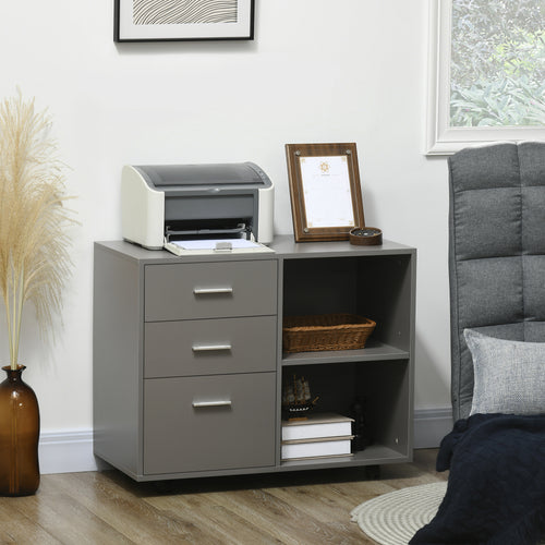 Modern Lateral Filing Cabinet, 3 Drawer File Cabinet for Letter and A4 Size Documents, Mobile, Printer Stand with Open Shelves, Rolling Wheels, Grey