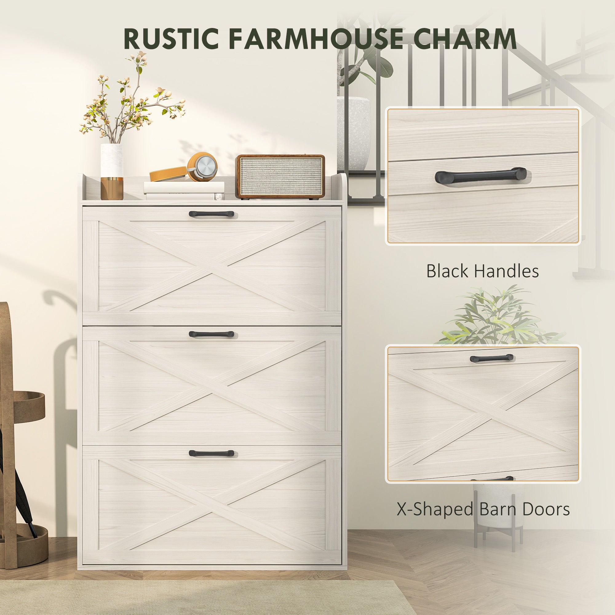 Narrow Shoe Storage Cabinet Farmhouse Shoe Cabinet with 3 Flip Drawers Adjustable Shelves for Entryway White Oak Shoe Storage Cabinets & Racks at Gallery Canada