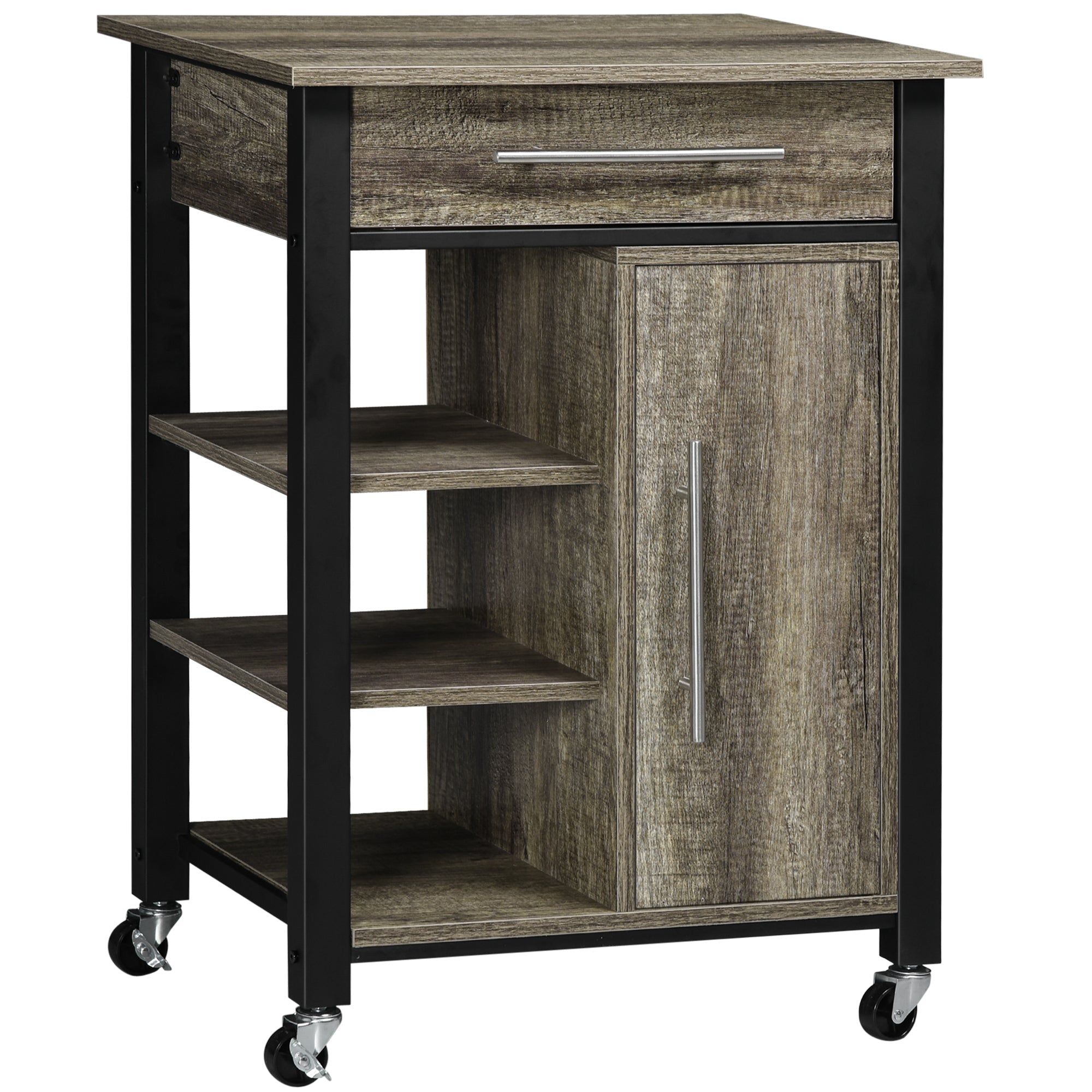 Kitchen Trolley Utility Cart on Wheels with Storage Shelves &; Drawer for Dining Room, Dark Oak Kitchen Islands & Kitchen Carts Grey at Gallery Canada