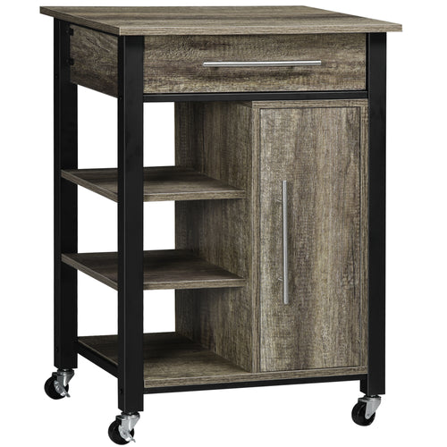 Kitchen Trolley Utility Cart on Wheels with Storage Shelves &; Drawer for Dining Room, Dark Oak