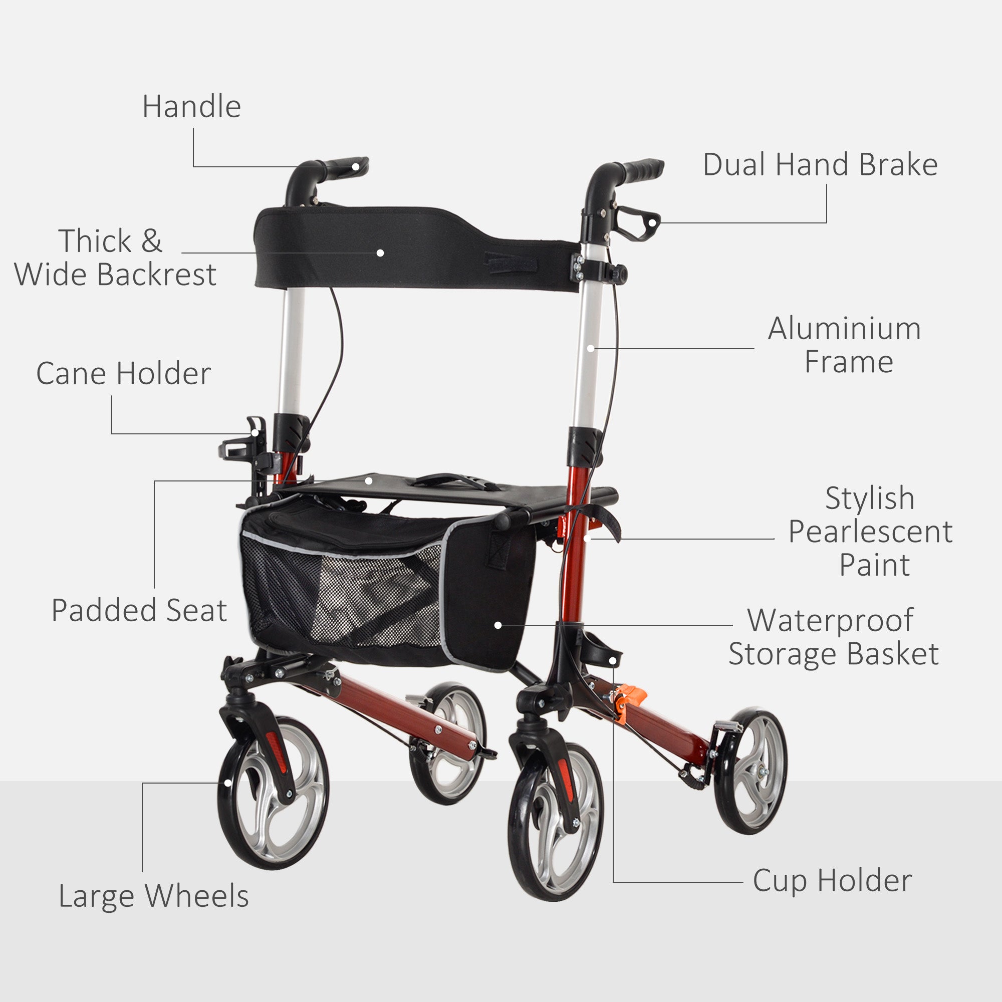 Lightweight Folding Rolling Walker with Large Seat, Back, Adjustable Handle, Bag, Dual Brake, Cane Holder, Red Knee Walker & Wheelchair Ramps at Gallery Canada