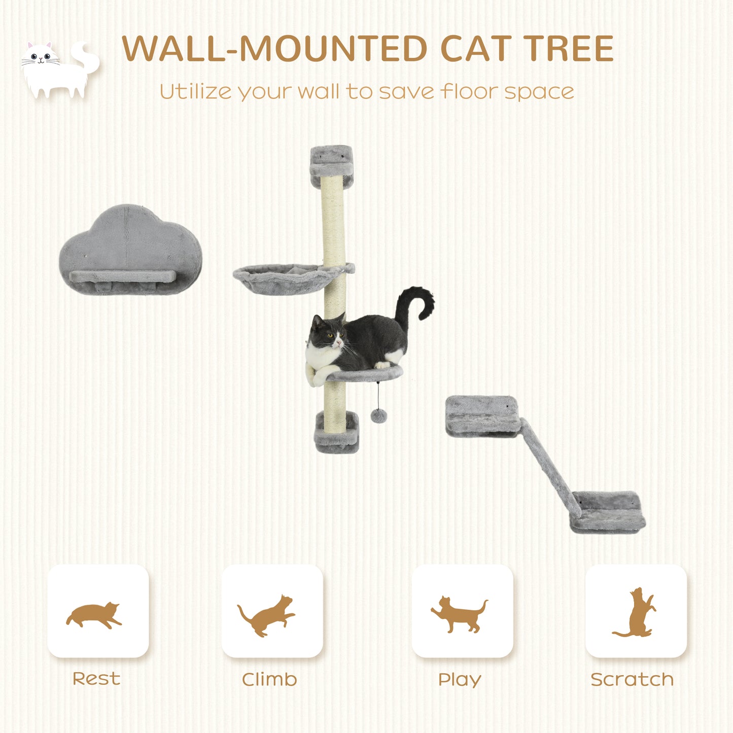 3PCs Cat Shelves with Hammock, Scratching Posts, Platforms, Grey Cat Climbing Wall   at Gallery Canada