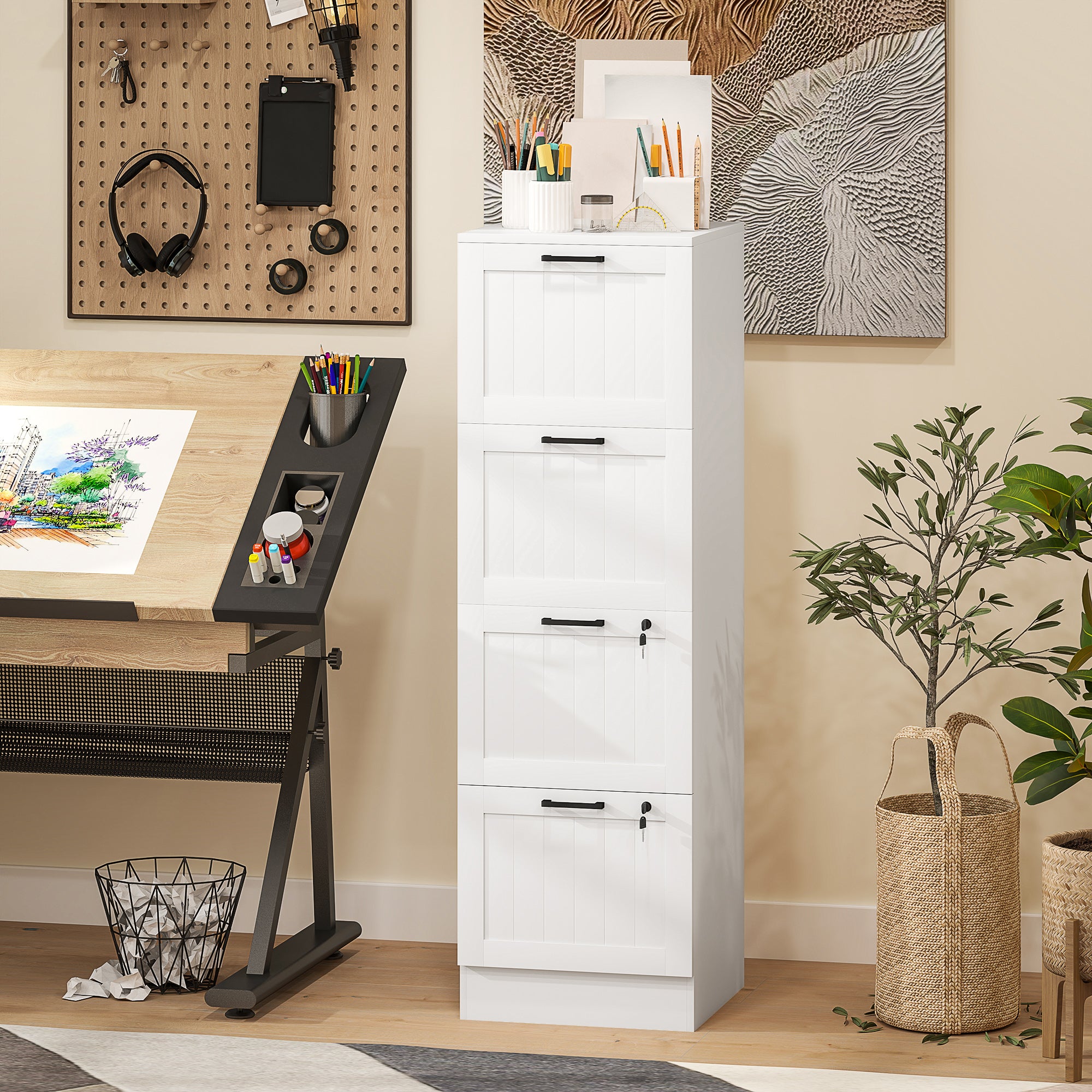 4 Drawer Filing Cabinet with Lock, Office Storage Cabinet with Adjustable Hanging Bars for A4 Letter Size Files, White Office Cabinets & Cupboards at Gallery Canada