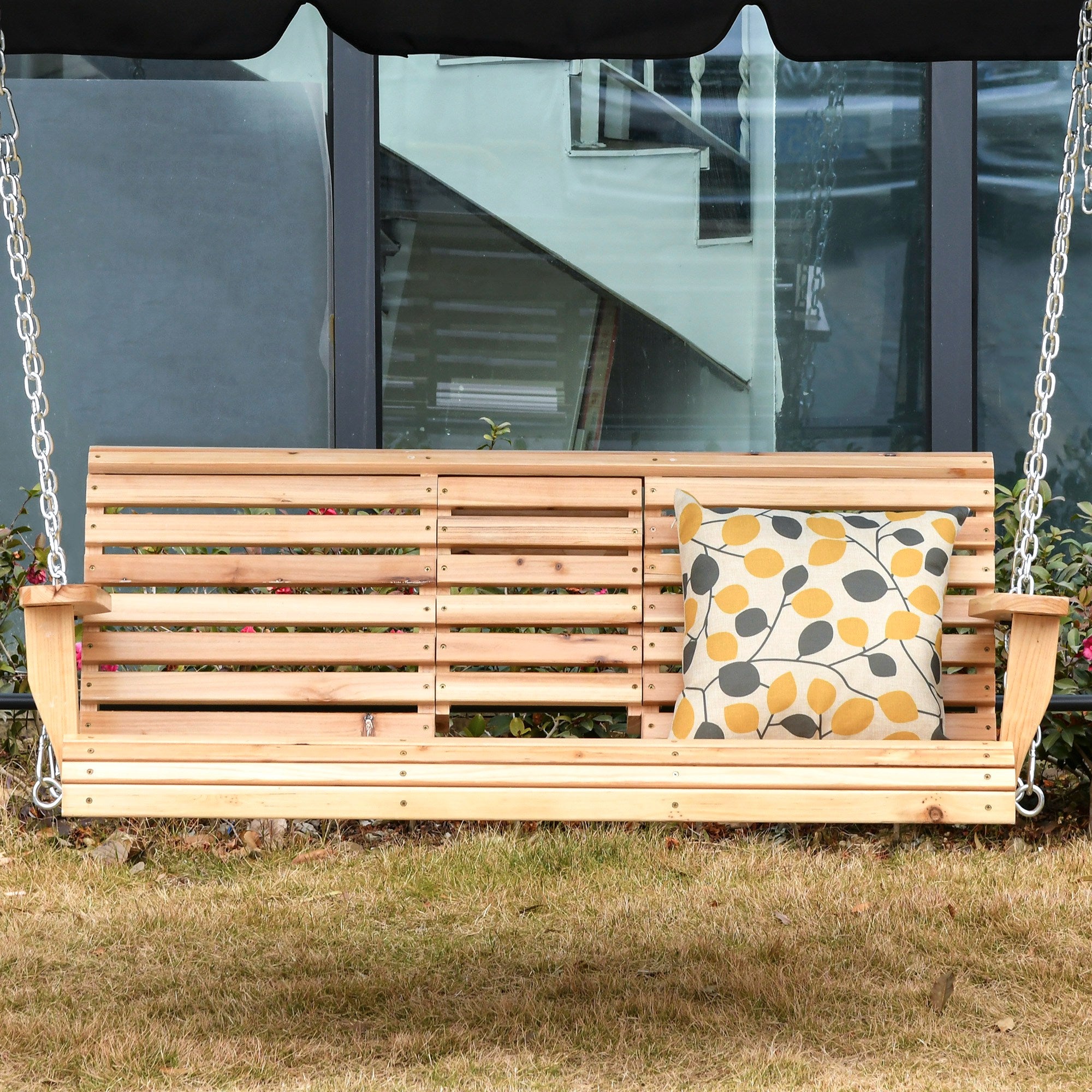 3 Seater Patio Swing Chair Wood Porch Swing with Foldable Table, Cup Holders, Steel Chains for Garden, Yard, Natural Hanging Porch Swings at Gallery Canada