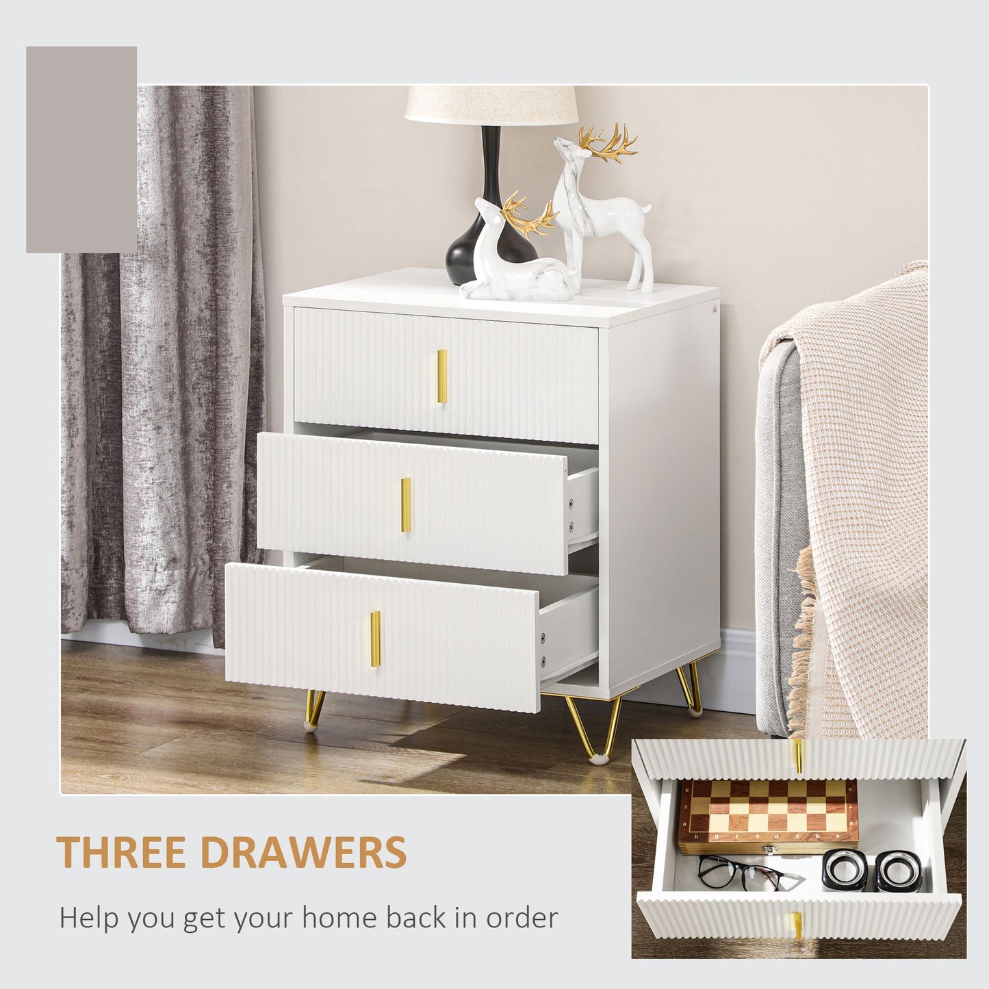 Drawer Chest, 3-Drawer Storage Cabinet Unit with Metal Legs for Living Room, 19.7"x15.7"x24.8", White Storage Cabinets   at Gallery Canada