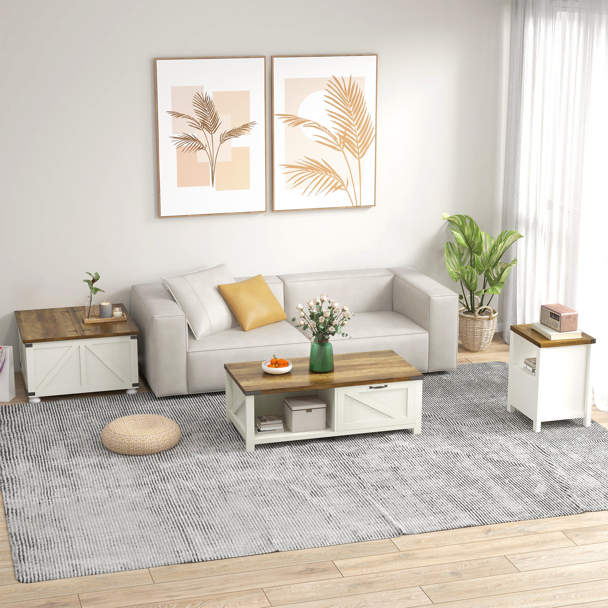 Farmhouse Coffee Table, Square Center Table with Flip-top Lids, Hidden Storage Compartment and Wooden Legs, Antique White Coffee Tables at Gallery Canada