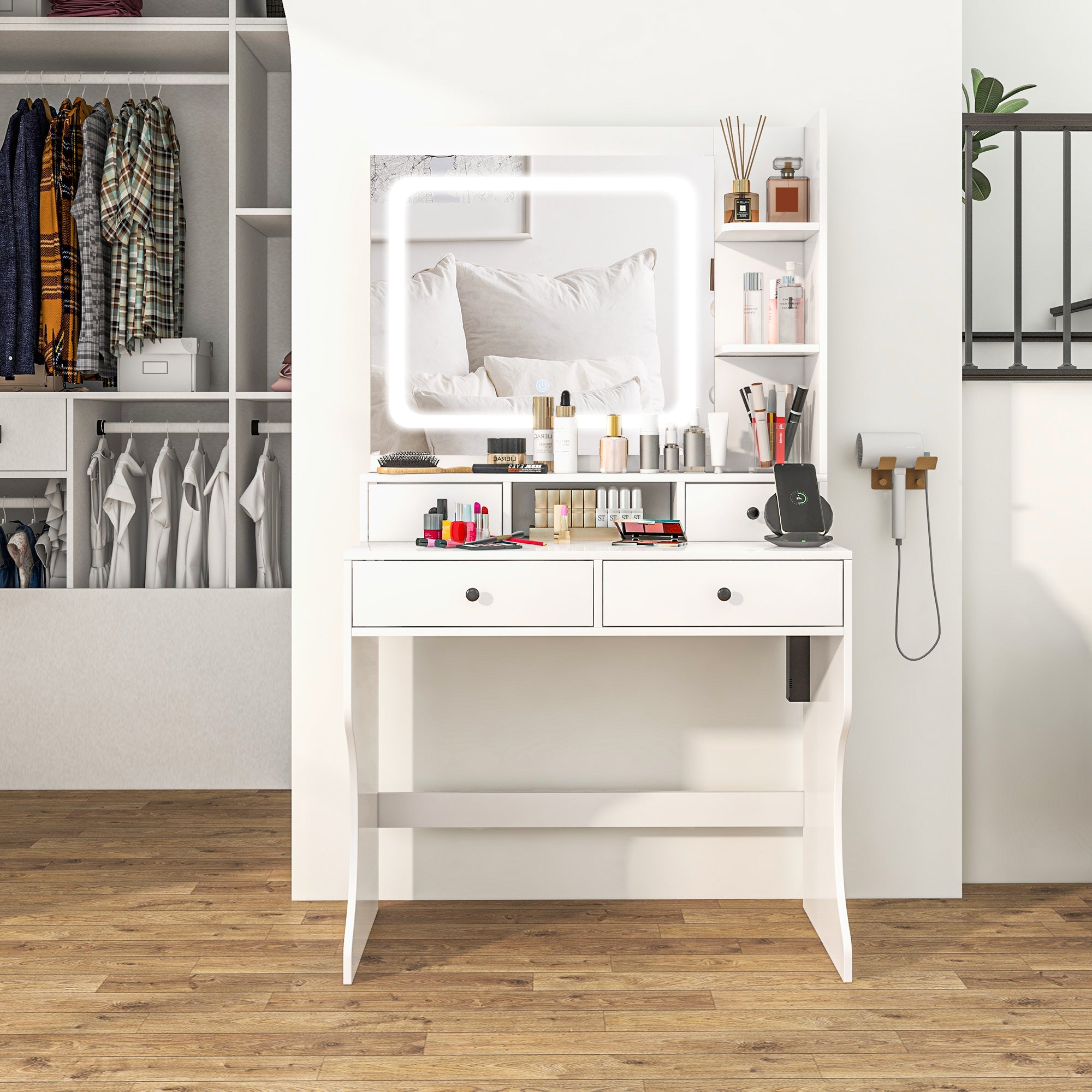 Dressing Table with Lighted Mirror, Vanity Table with Charging Station, USB Ports, Drawers, Storage Shelves, White Dressing & Vanity Tables   at Gallery Canada