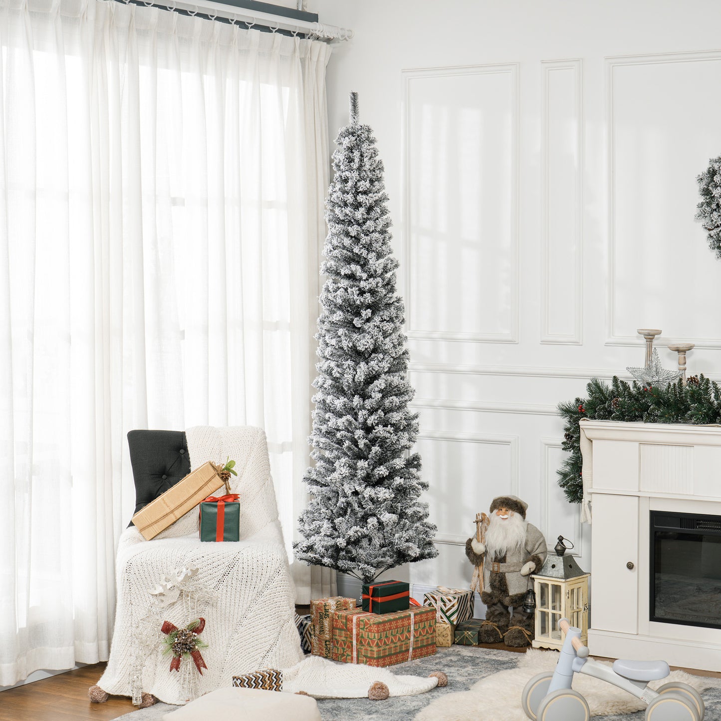 7.5ft Flocked Christmas Tree, Pencil Christmas Tree with Realistic Branch Tips, Folding Metal Stand, Black Flocked Christmas Trees   at Gallery Canada