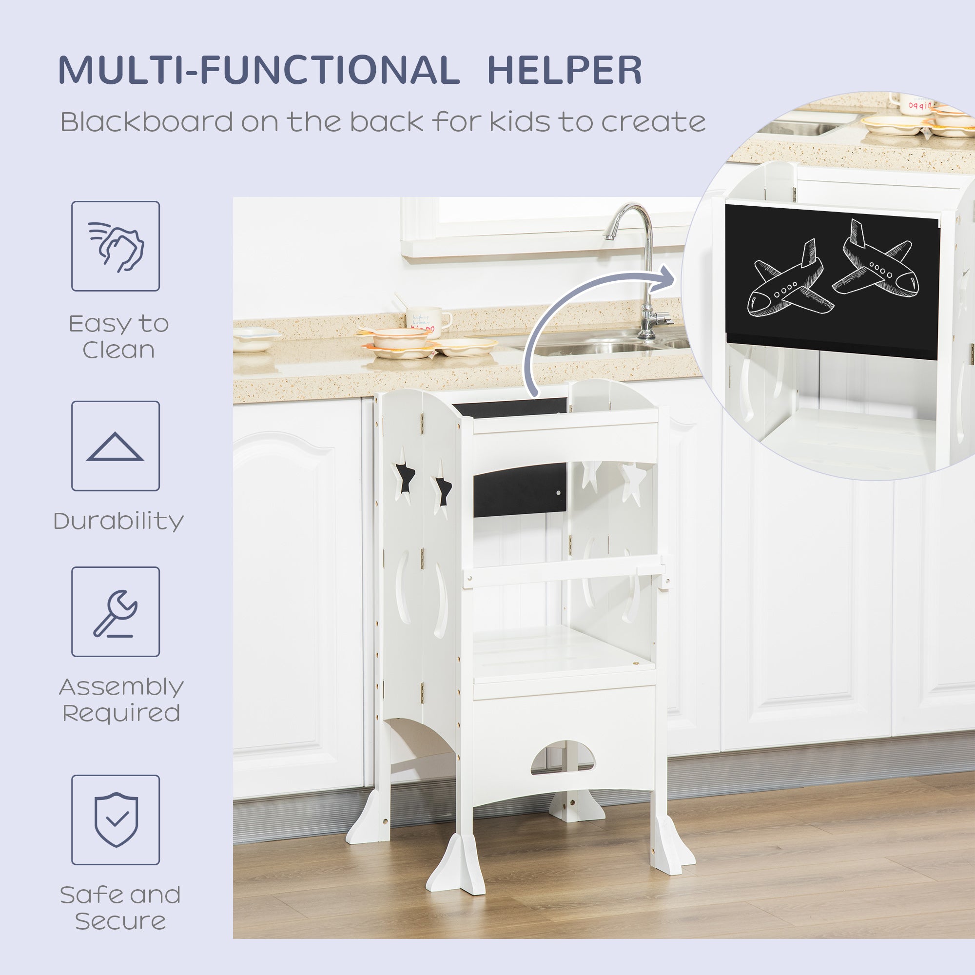 Kids Kitchen Helper Foldable Step Stool Toddler Kitchen Stool with Blackboard Lockable Handrail for 3-6 Years old White Toddler & Kids Step Stools at Gallery Canada