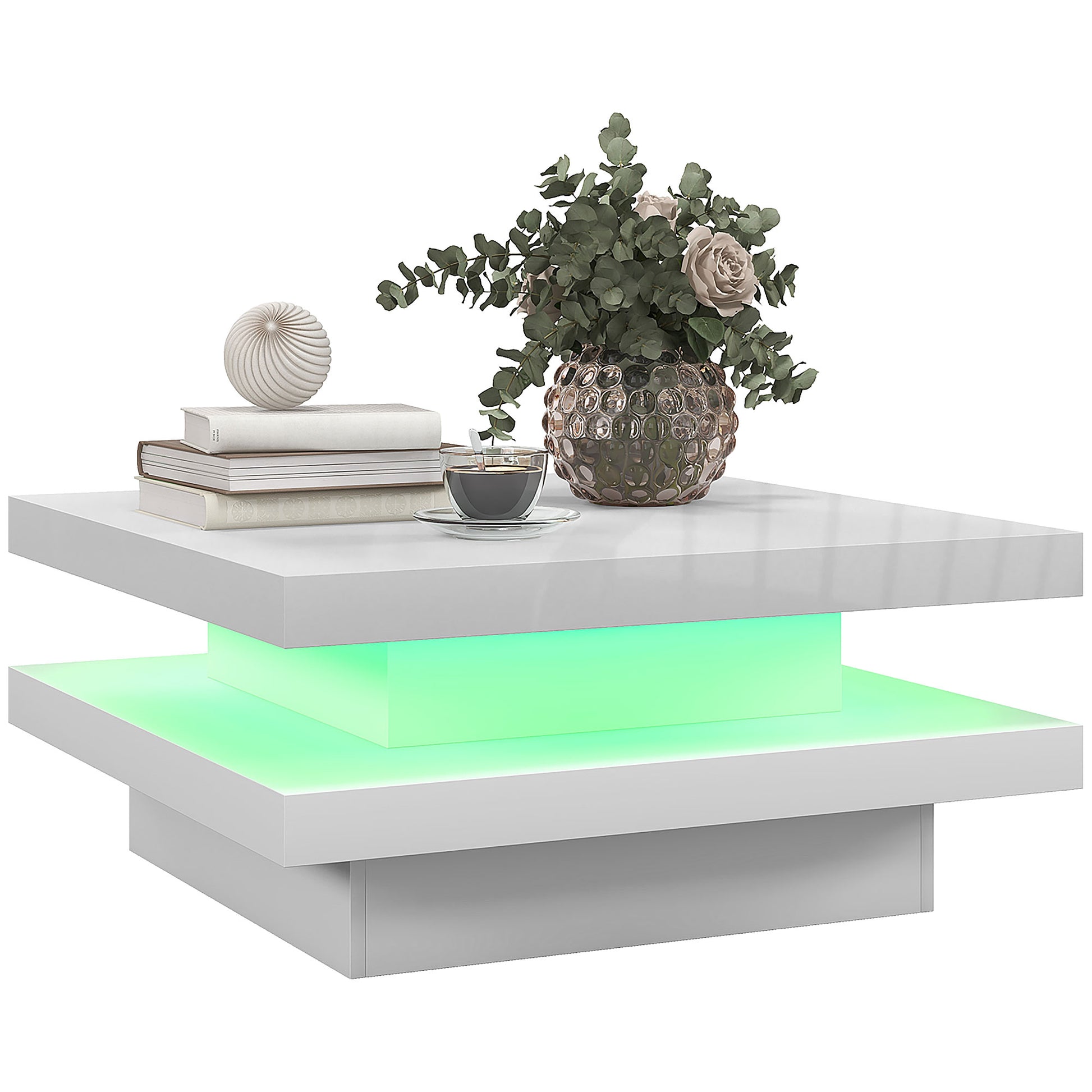 Square Coffee Table with 7 LED Lights and Remote, 2-Tier Modern Center Table for Living Room, White Coffee Tables   at Gallery Canada