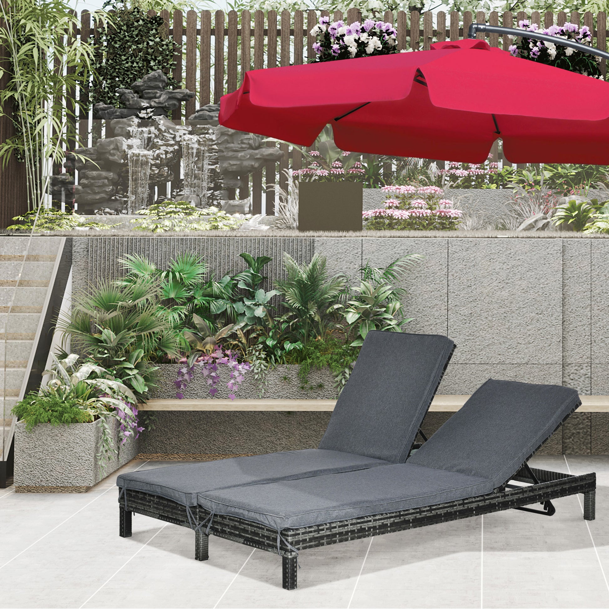 Wicker Double Chaise Lounger Chair Outdoor Recliner 2 Person Rattan Patio Reclining Sunbed Furniture Cushioned w/Adjustable Backrest, Black, Grey Chaise Loungers Grey  at Gallery Canada