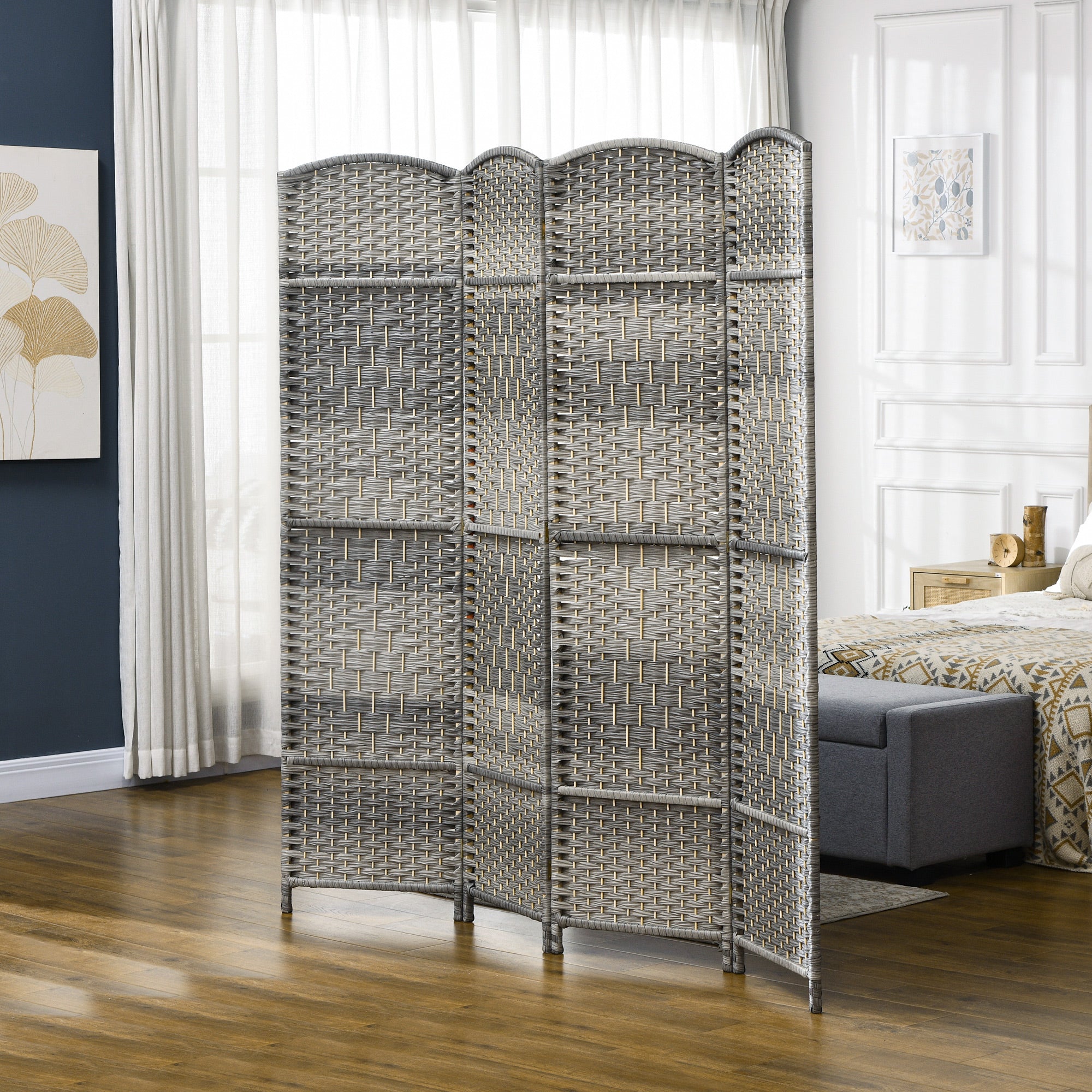 6 Ft Tall Folding Room Divider, 4 Panel Portable Privacy Screen, Hand-Woven Partition Wall Divider, Mixed Grey Room Dividers   at Gallery Canada