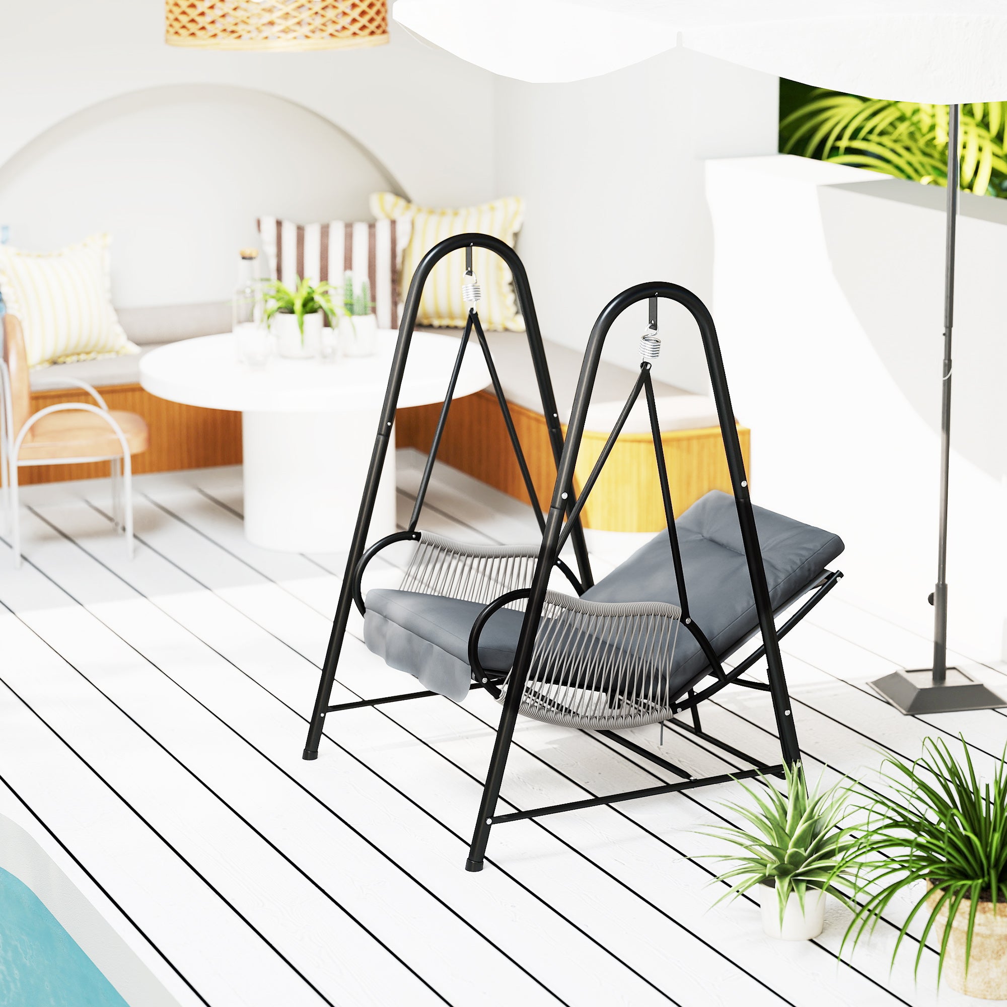 Rattan Hammock Chair with Stand Included, Hanging Swing Chair with Stand and Seat Cushion, Light Grey Patio Swings with Stand at Gallery Canada