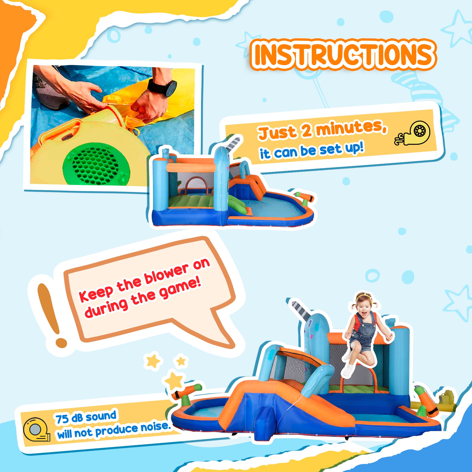 5-in-1 Inflatable Water Slide, Narwhals Style Kids Castle Bounce House Includes with Slide Trampoline Pool Water Gun Climbing Wall, Carry Bag, 450W Air Blower Inflatables at Gallery Canada