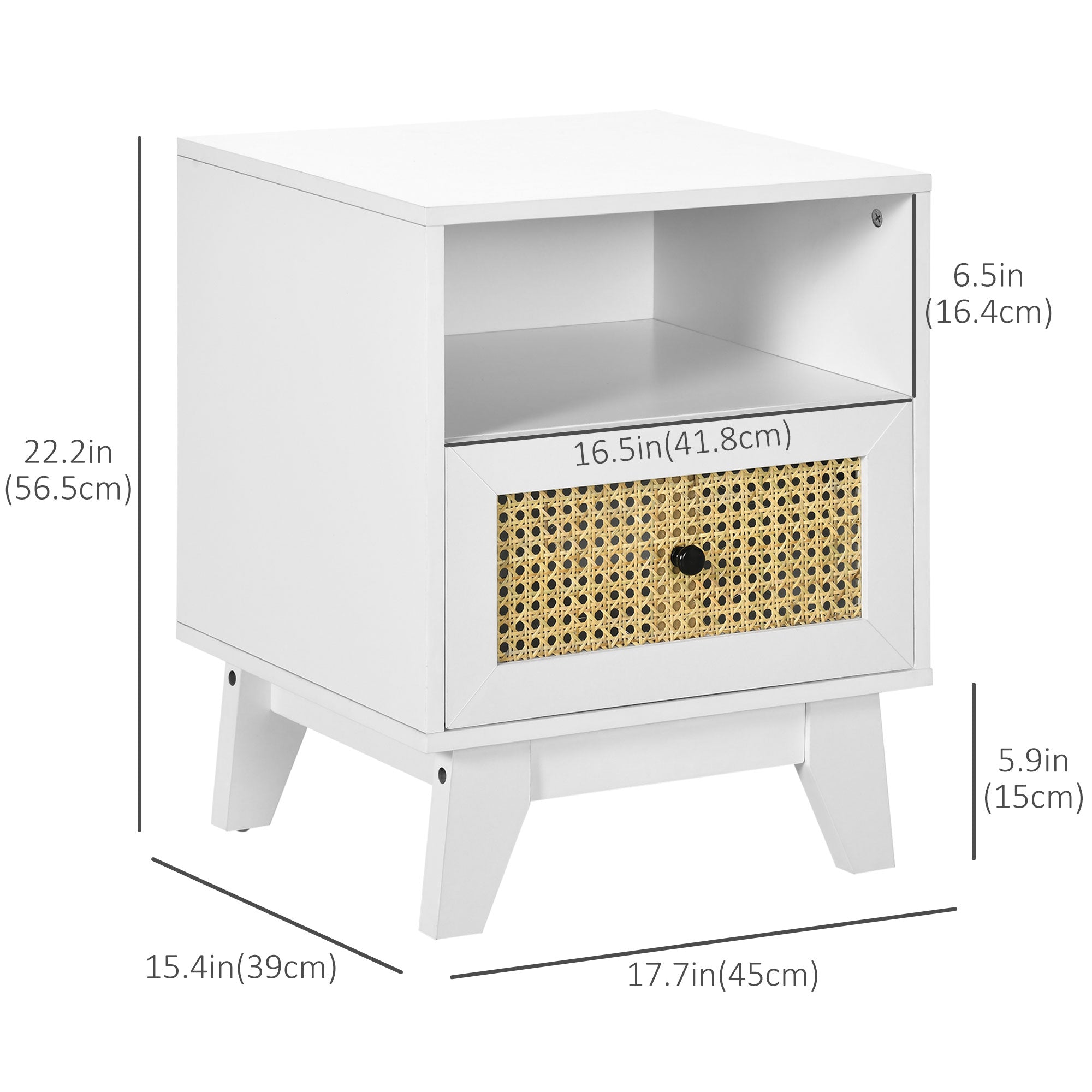 Bedside Table with Rattan Element, Side End Table with Drawer and Shelf, 17.7