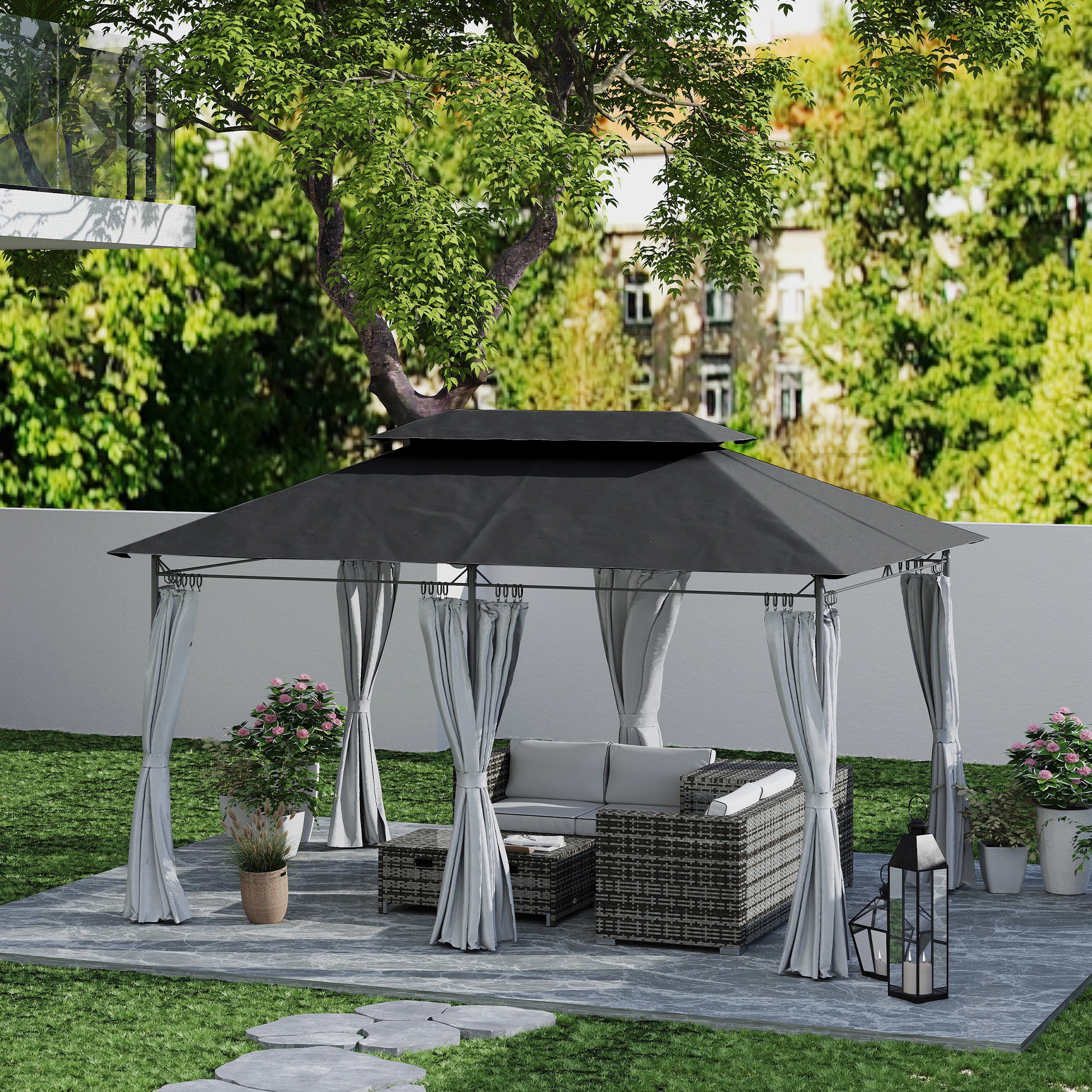 10' x 13' Double Roof Patio Gazebo, Outdoor Gazebo with Curtains, for Garden, Lawn, Backyard and Deck, Dark Grey Gazebos at Gallery Canada