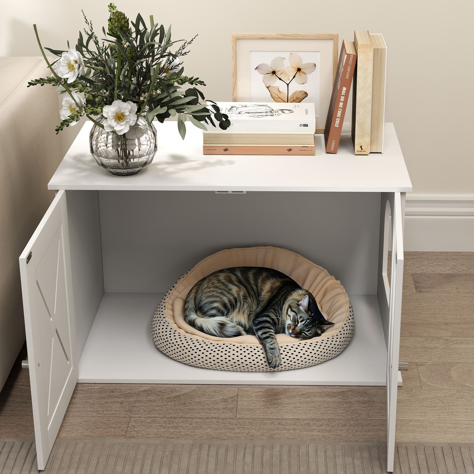Hidden Cat Litter Box Enclosure with Double Doors, Hole, Pet House Side End Table, 31.5