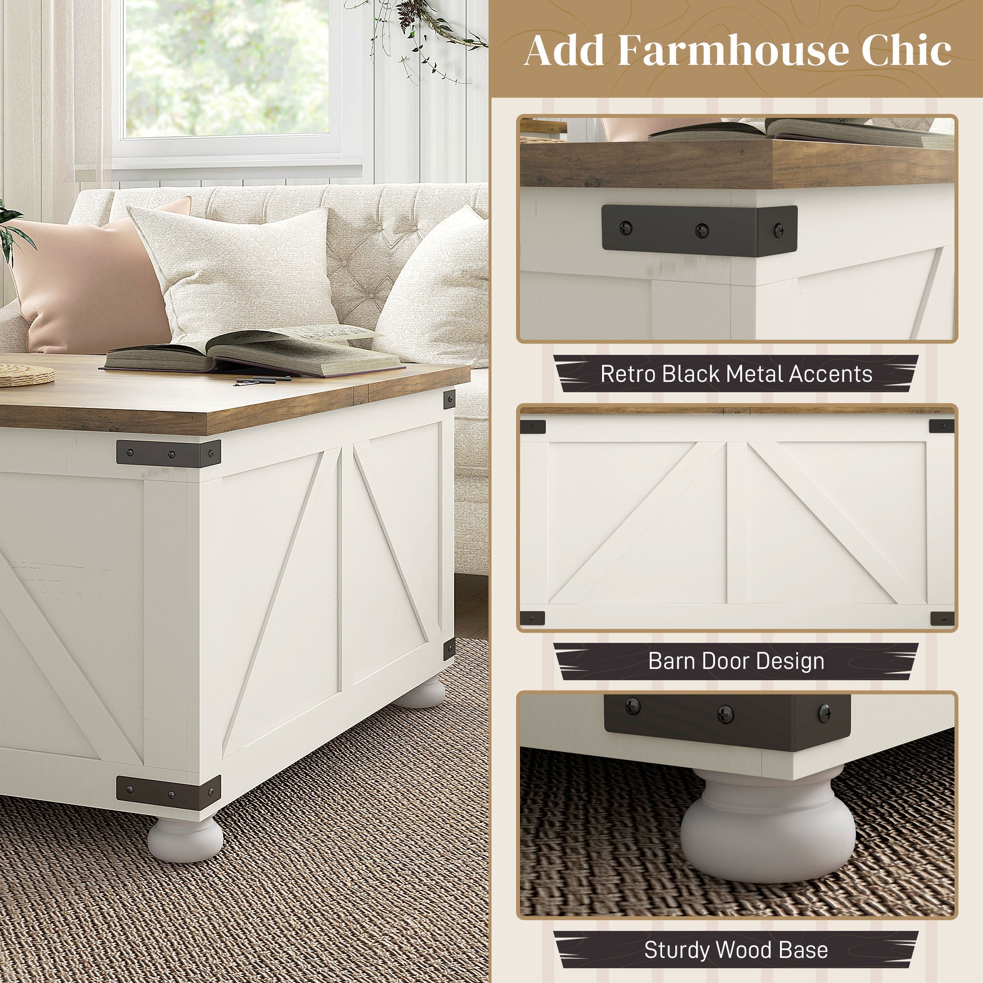 Farmhouse Coffee Table, Square Center Table with Flip-top Lids, Hidden Storage Compartment and Wooden Legs, Antique White Coffee Tables at Gallery Canada
