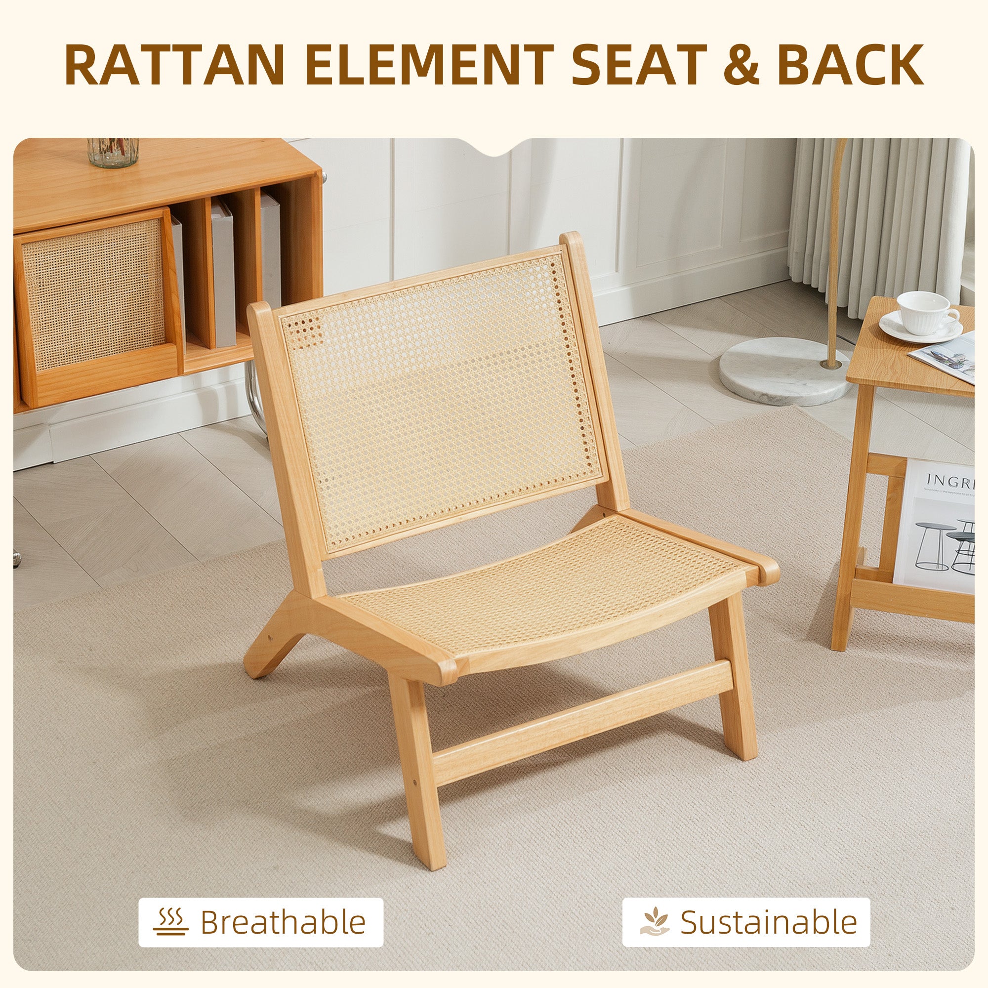 Rattan Accent Chair, Mid-Century Leisure Chair with Rubber Wood Frame, for Bedroom Living Room, Natural Accent Chairs at Gallery Canada