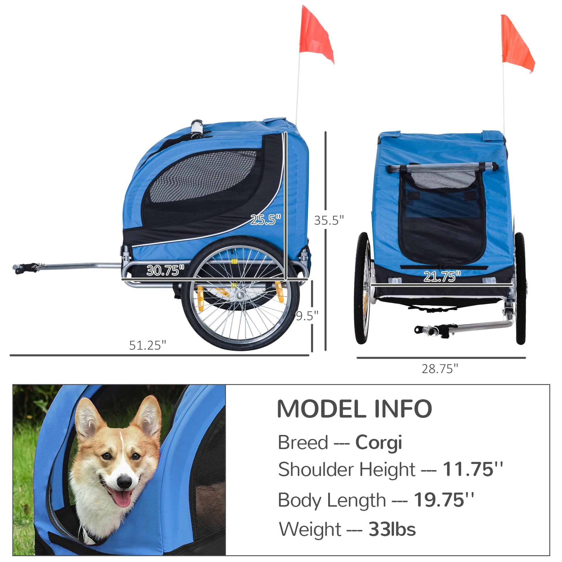 Dog Bike, Trailer Foldable Pet Cart, Bicycle Wagon, Cargo Carrier Attachment for Travelling w/ Safety Anchor, Blue Dog Bike Trailers & Strollers   at Gallery Canada