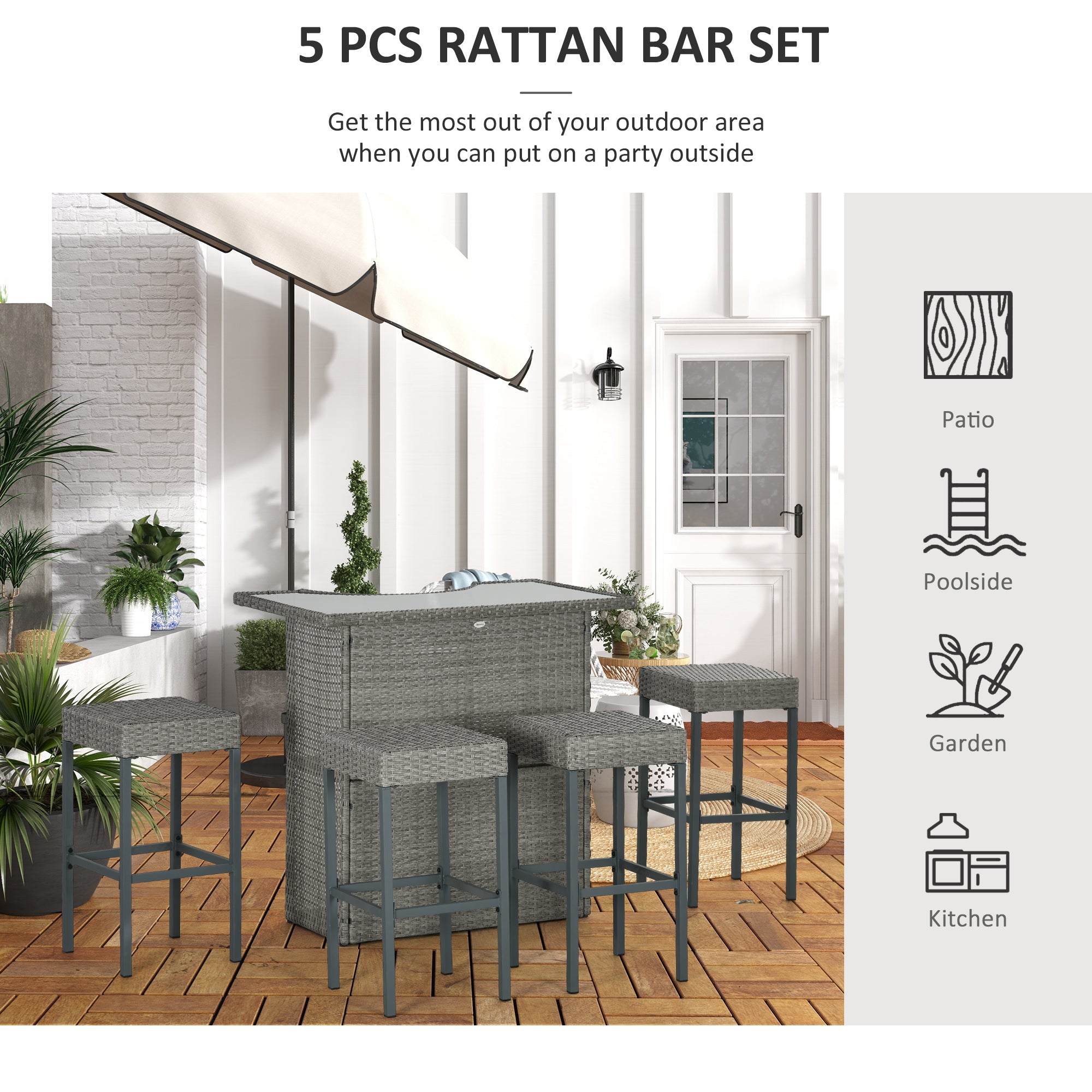 5 Pieces Patio Bar Set, Outdoor PE Rattan Wicker High Top Outdoor Table and Chairs Outdoor Bar Set with Tempered Glass Top Bar Table and Shelves, 4 Bar Chairs, Grey Bistro Sets at Gallery Canada