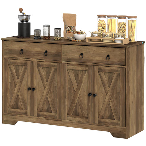 Sideboard Cabinet with 2 Drawers, 4 Barn Doors and 2 Adjustable Shelves, Buffet Table for Living Room, Light Brown
