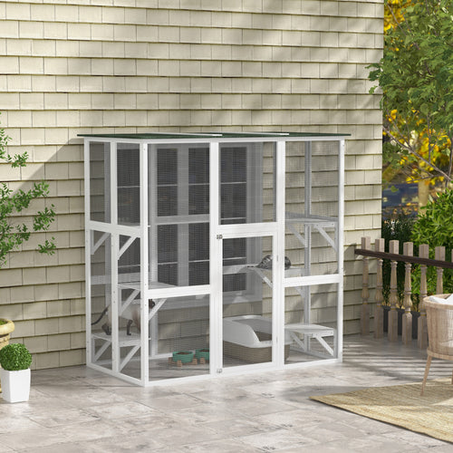 Large Outdoor Catio Enclosure, Wooden Cat Patio with 6 Balanced Platforms and Asphalt Roof, 70.9