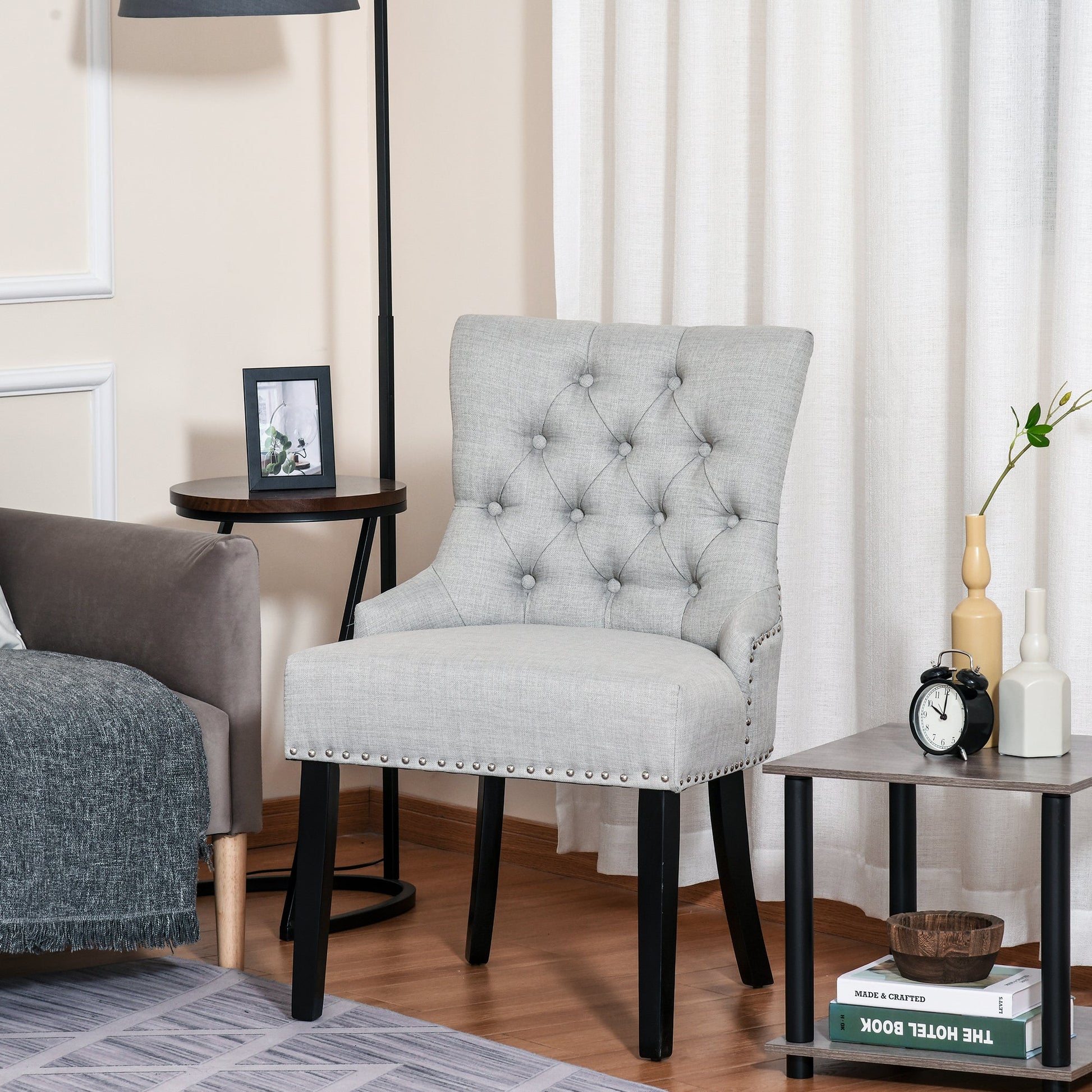 Swoop Air Linen Fabric Dining Chair with Nailhead Trim and Wood Legs Bar Stools   at Gallery Canada