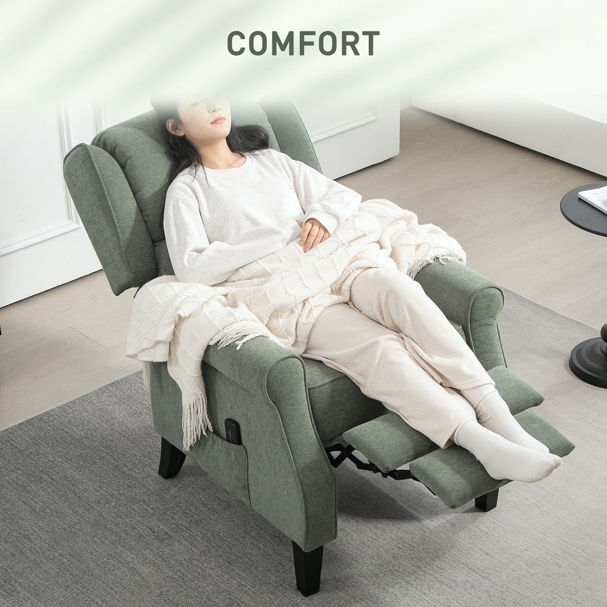 Push Back Recliner Chair, Vibration Massage Recliner for Living Room with Extendable Footrest, Remote, Dark Green Sofas & Reclining Chairs at Gallery Canada