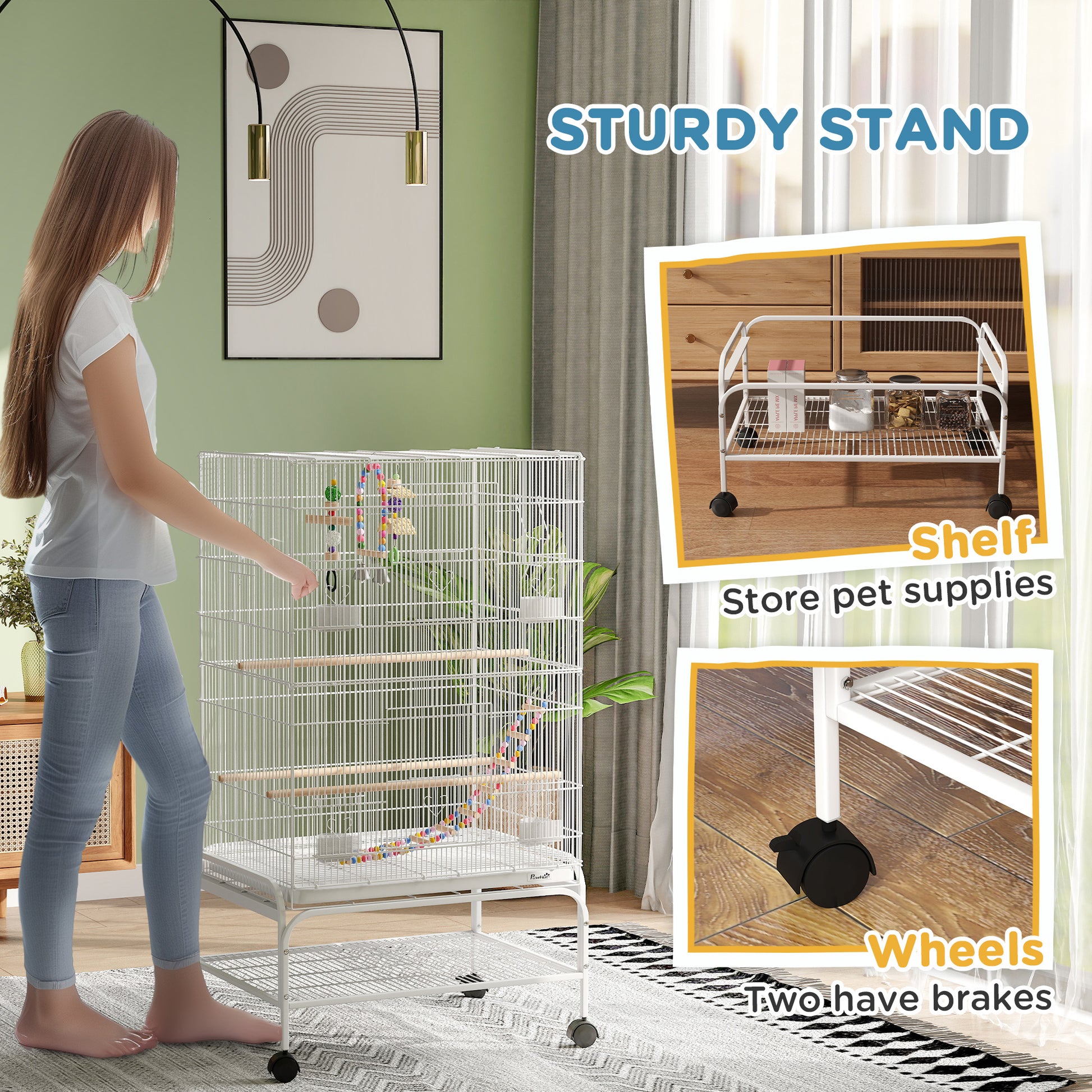 43" Bird Cage with Rolling Stand, Toys, for Budgies Canaries White Bird Cages   at Gallery Canada