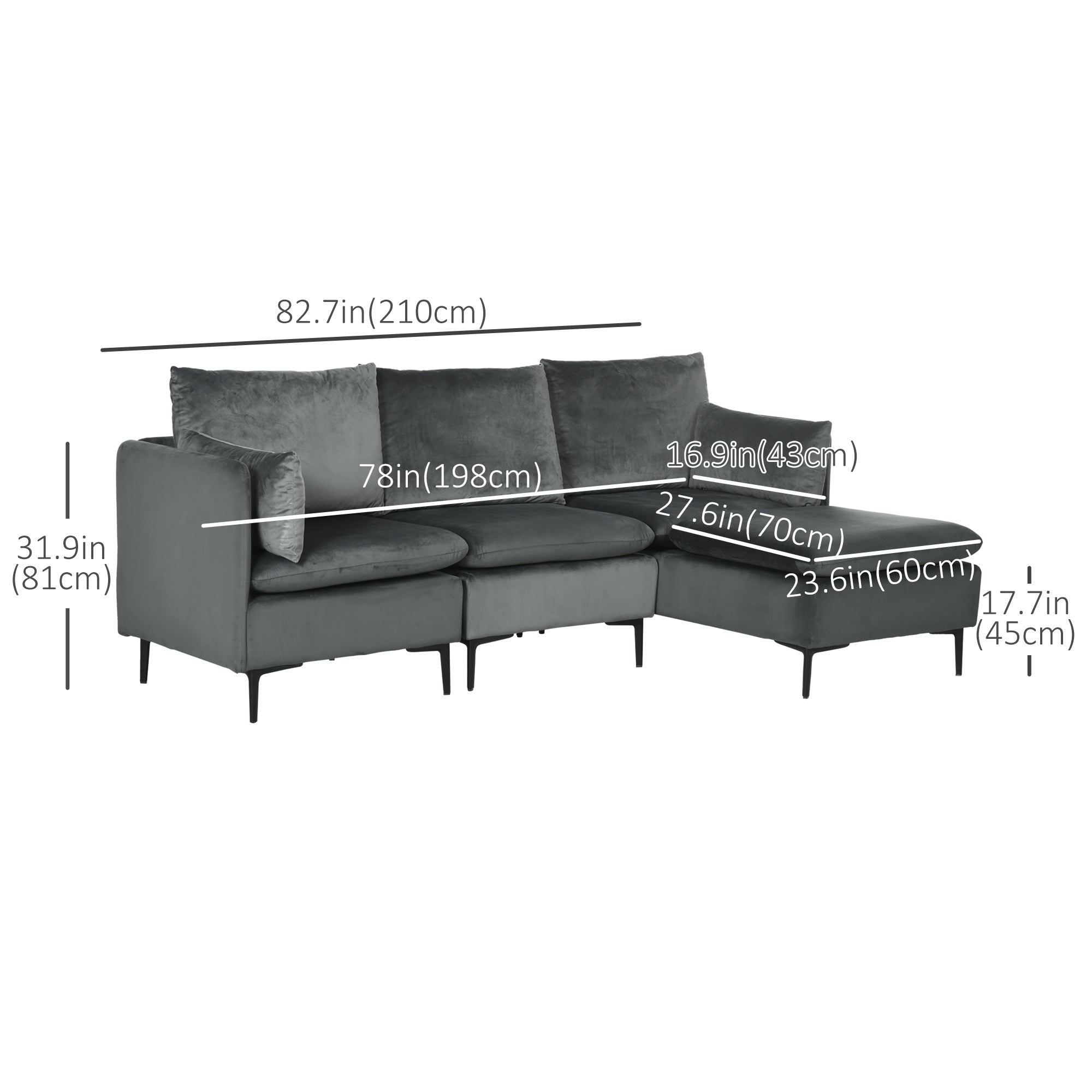 Convertible Sectional Sofa Couch, Modern L-Shaped Couch, 3 Seater Sofa with Reversible Ottoman for Living Room, Apartment, Small Space, Grey 3-Seater Sofas   at Gallery Canada