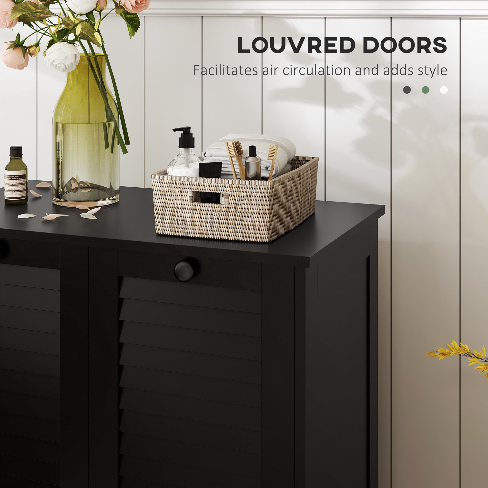 Tilt Out Laundry Cabinet, Laundry Basket Cabinet with 2 Baskets and 2 Louvered Doors, Black Bathroom Cabinets at Gallery Canada