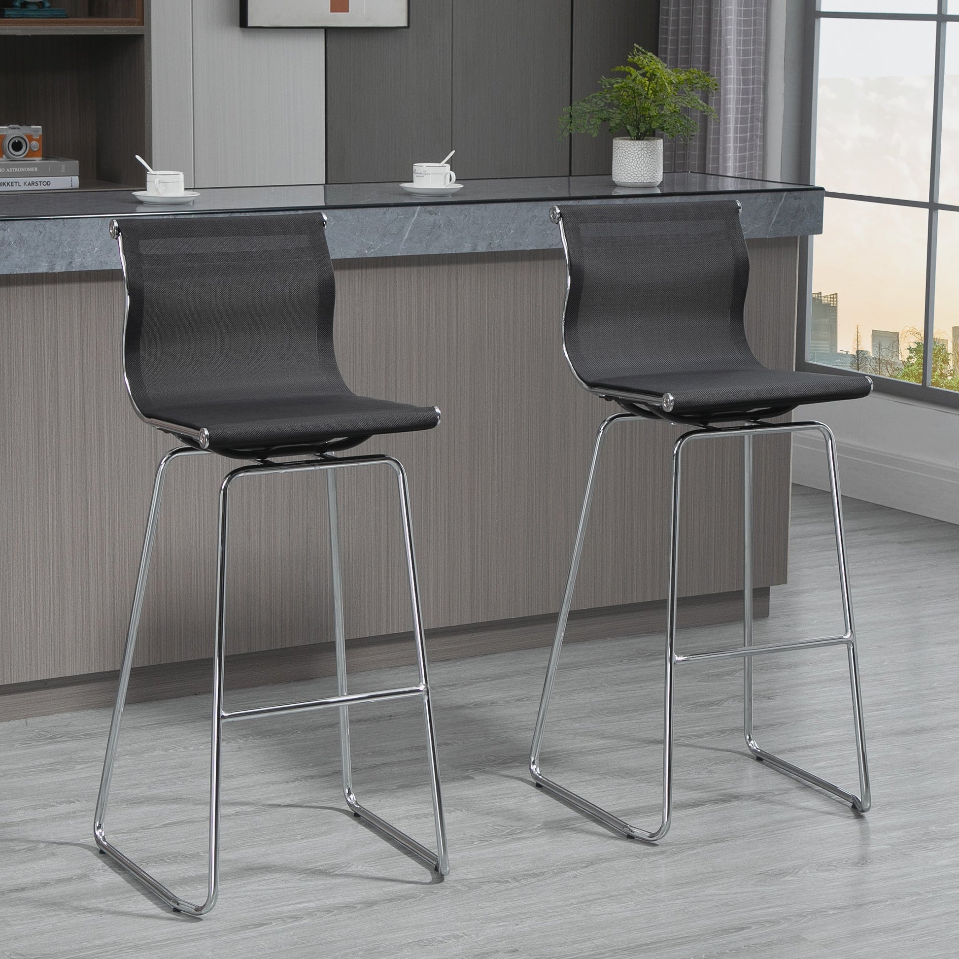 DUO Bar Stool Pub Chair Set Dining Stools w/ Backrest Steel Legs Breathable Mesh Seat for Kitchen Island Counter Modern Elegant, Black Bar Stools   at Gallery Canada