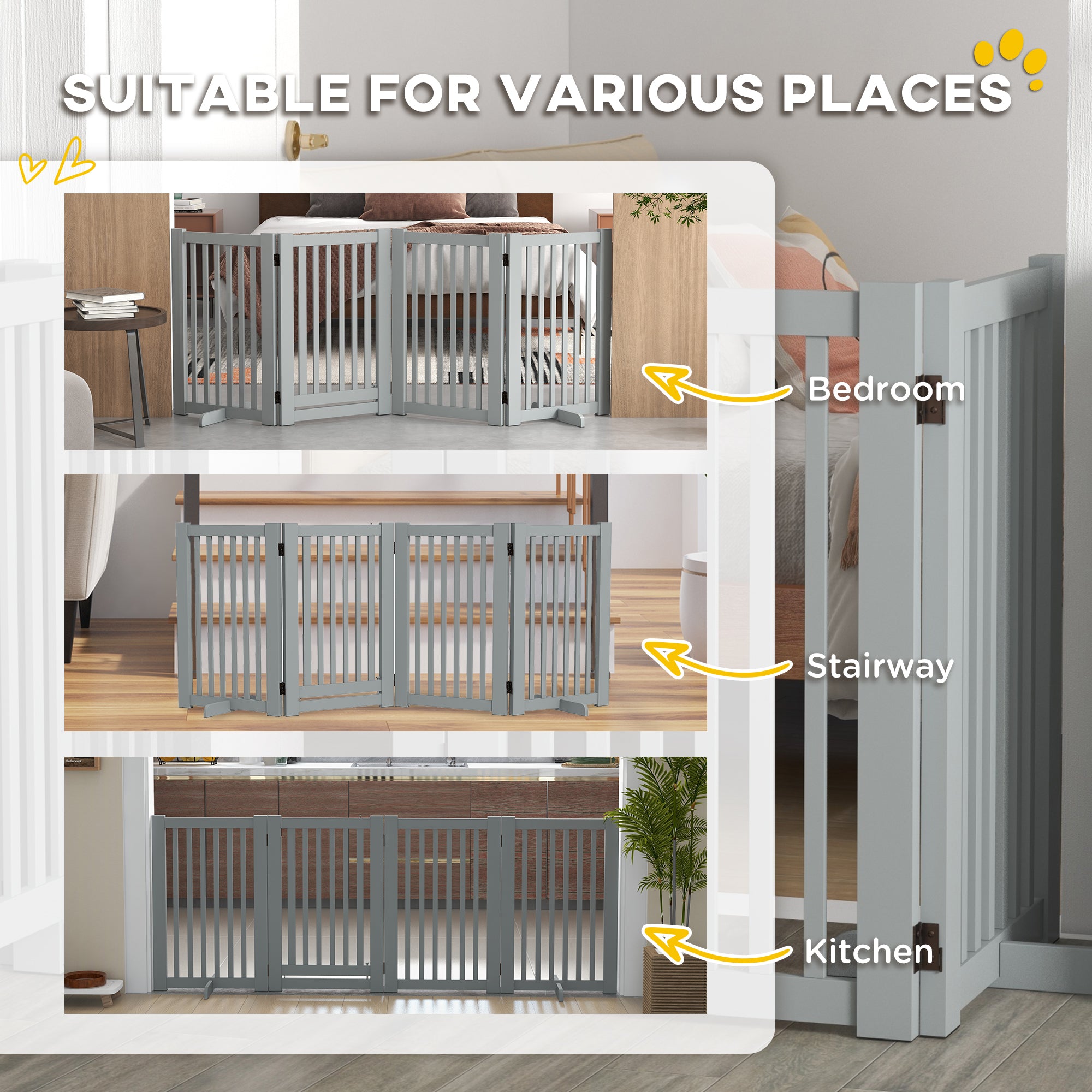 4 Panel Free Standing Wooden Pet Gate with Open Door Light Grey Houses, Kennels & Pens   at Gallery Canada