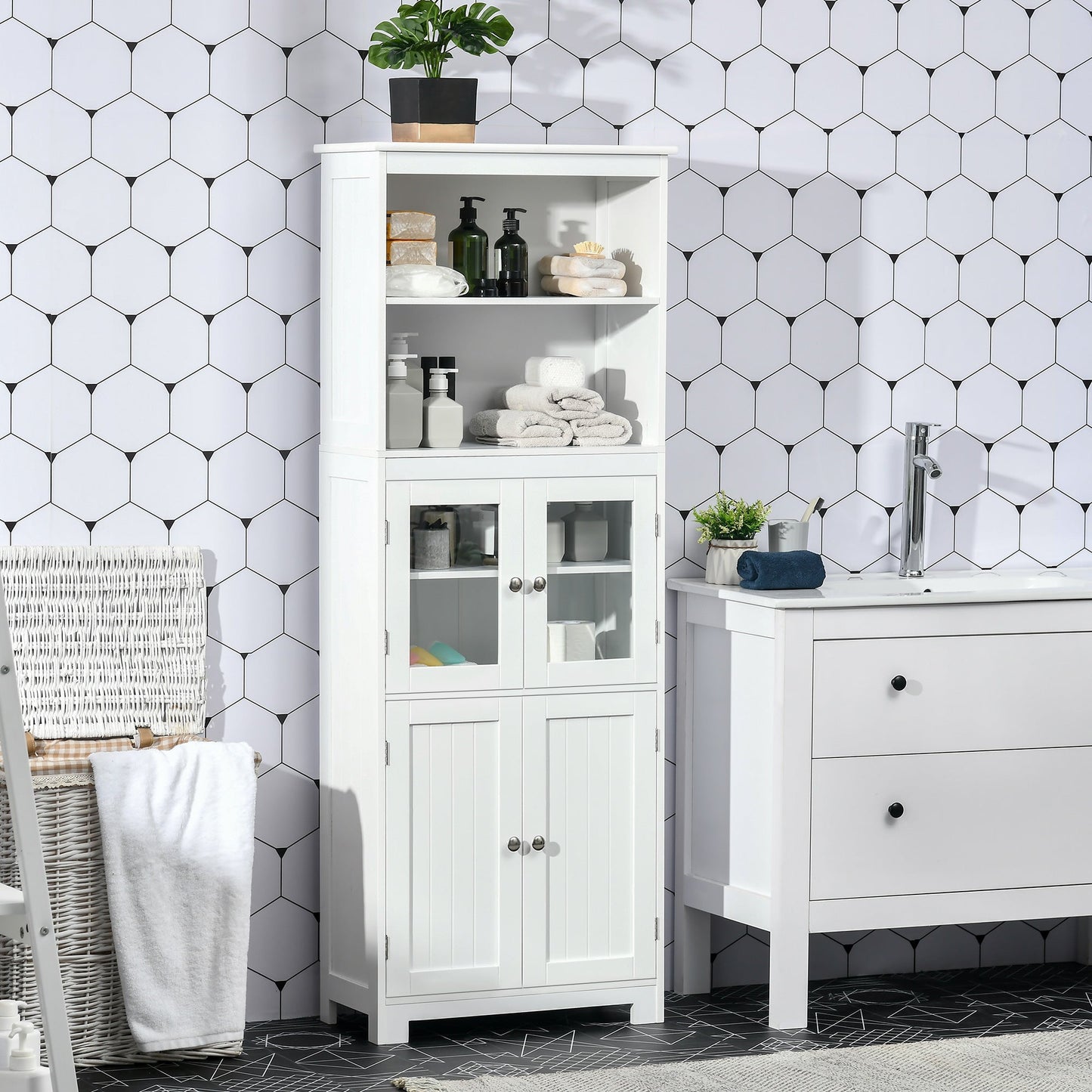 63" Small Buffet with Hutch, 4-Door Kitchen Pantry, Freestanding Storage Cabinet with Adjustable Shelf for Dining Room, Living Room, White Kitchen Pantry Cabinets   at Gallery Canada