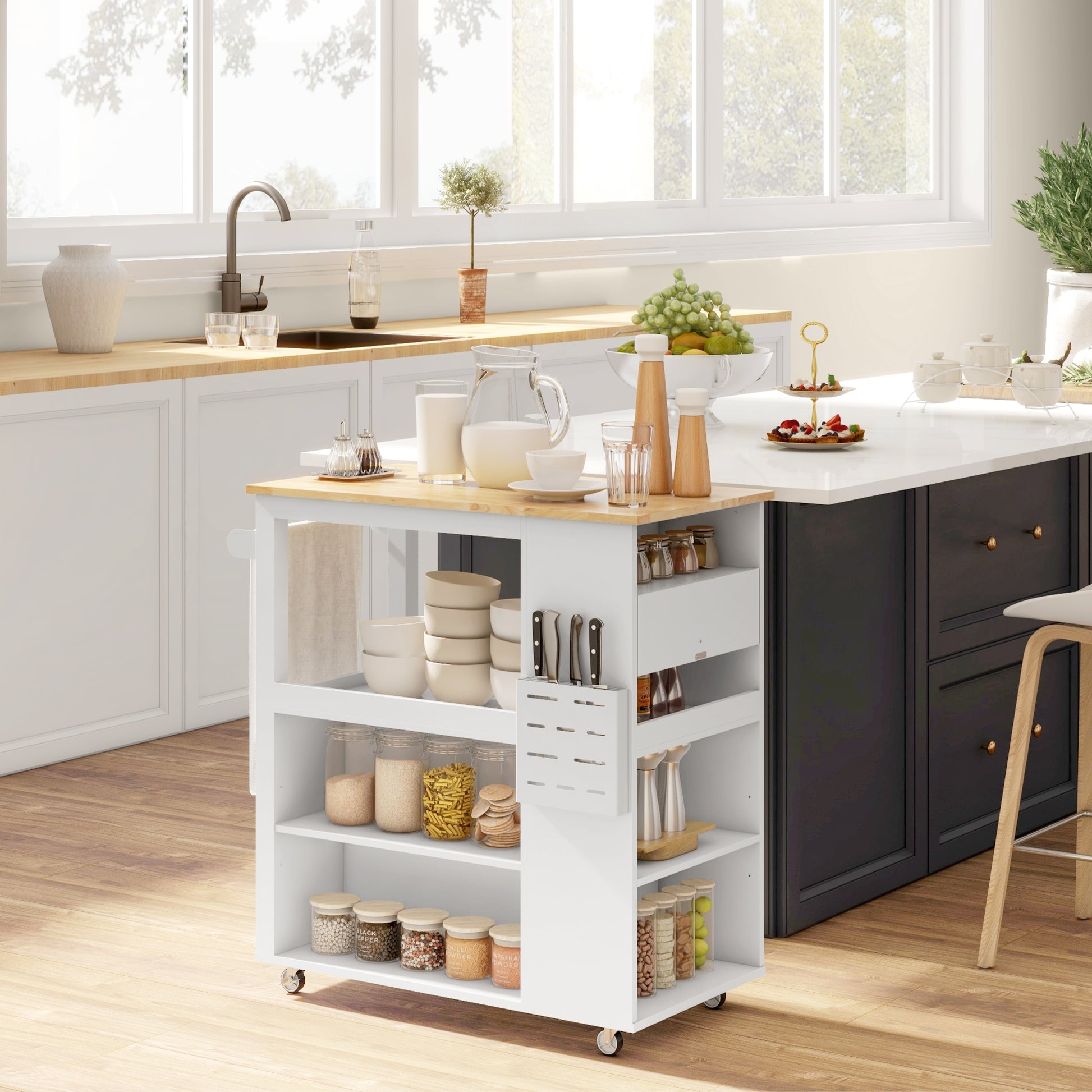 Kitchen Island Table Kitchen Cart with Rubberwood Top, Adjustable Shelves, Knife Rack, Towel Rack, Cabinet, White Kitchen Islands & Kitchen Carts   at Gallery Canada