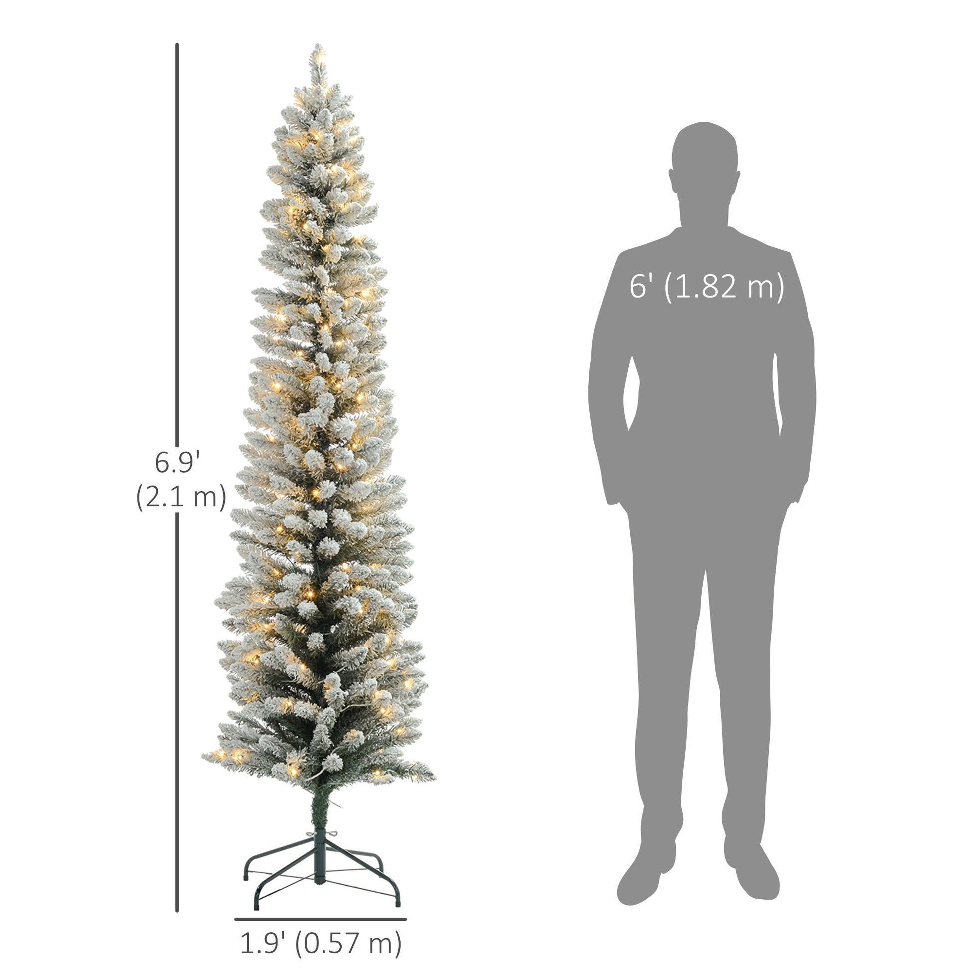 7ft Artificial Prelit Christmas Tree with Warm White LED Light, Snow Flocked Branches, Metal Base, Pencil Xmas Tree Pre Lit Christmas Trees   at Gallery Canada