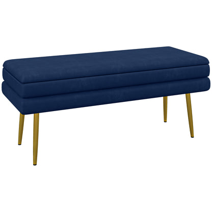 End of Bed Bench, Velvet-feel Upholstered Bench with Thick Padded Seat and Steel Legs, Modern Bedroom Bench, Dark Blue Storage Ottomans & Benches   at Gallery Canada