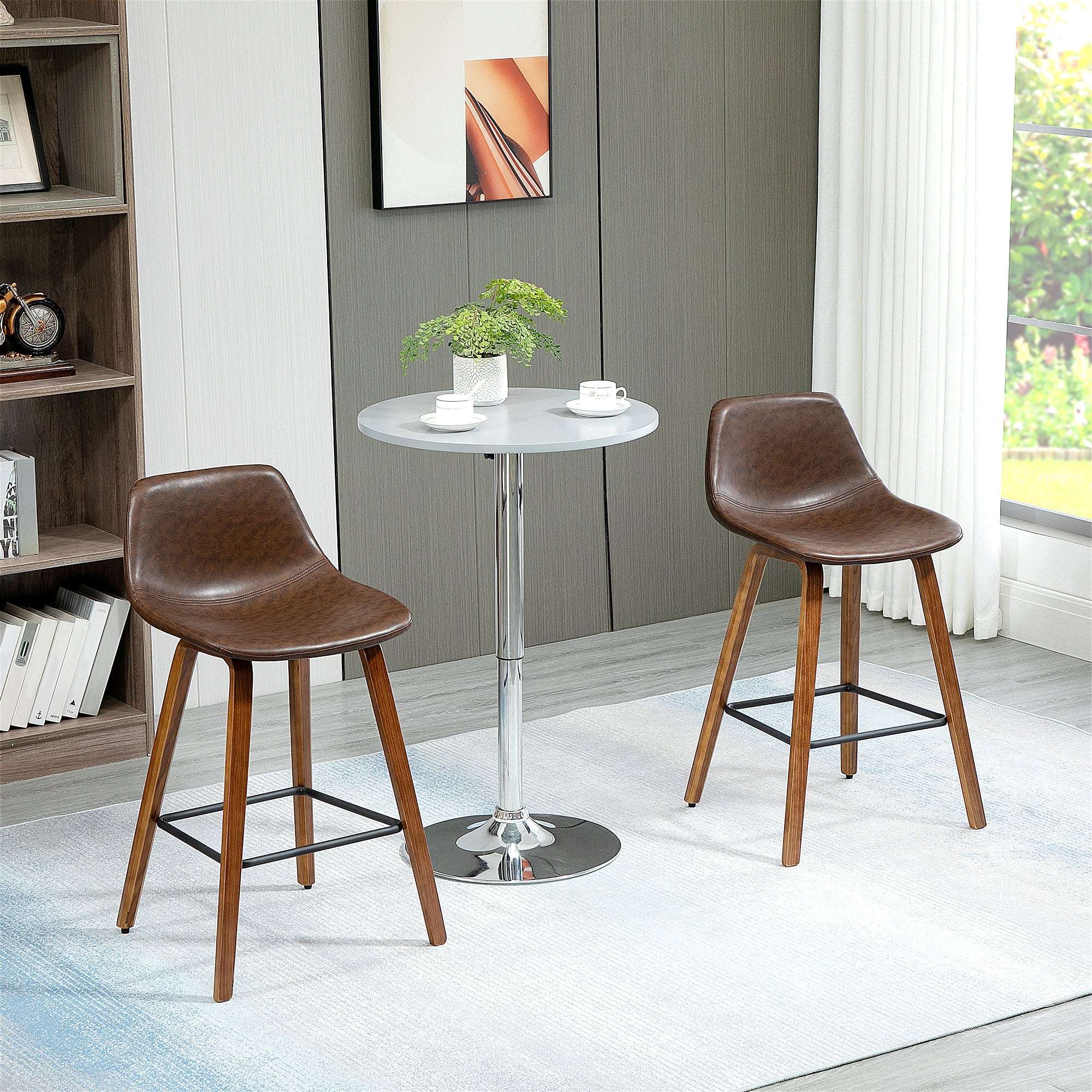 Counter Height Bar stools Set of 2 Mid-Back PU Leather Bar Chairs with Wood Legs, Brown Bar Stools   at Gallery Canada