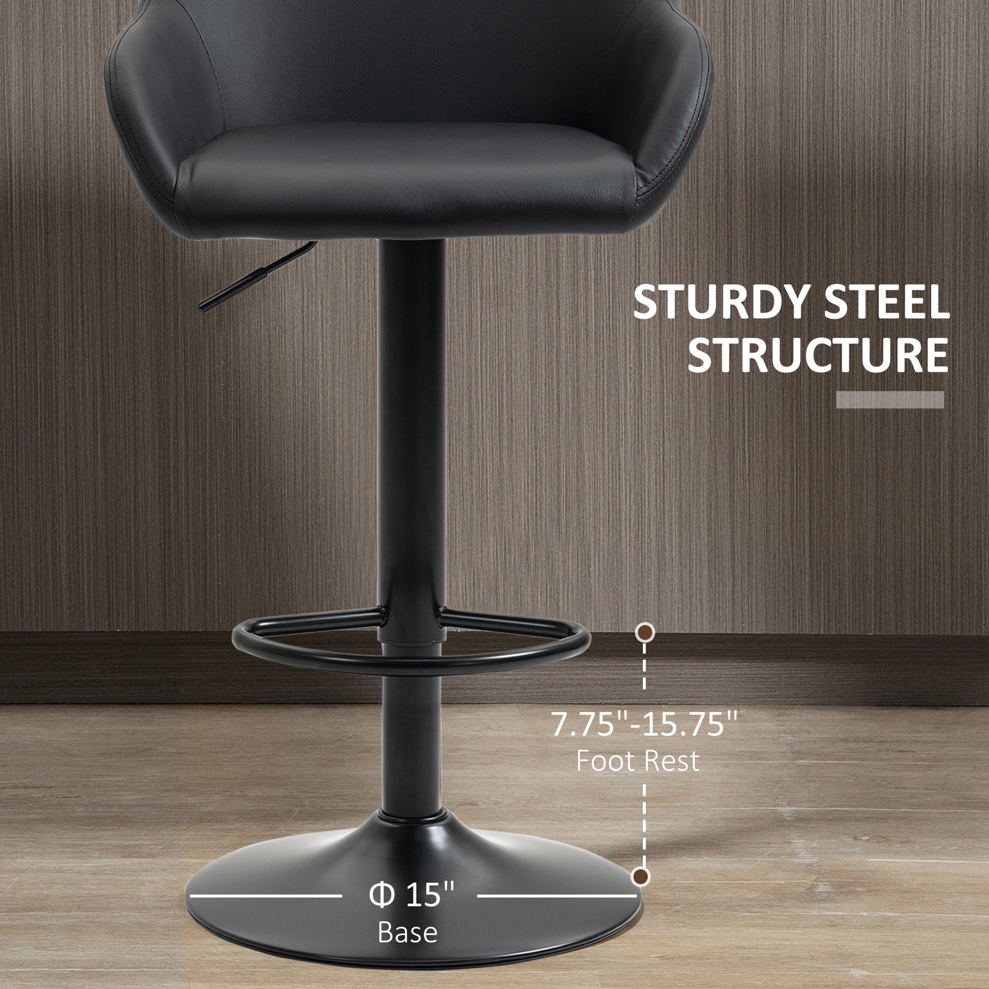 Adjustable Bar Stools Set of 2, Swivel Barstools with Footrest and Back, PU Leather and Steel Round Base, for Kitchen Counter and Dining Room, Black Bar Stools   at Gallery Canada