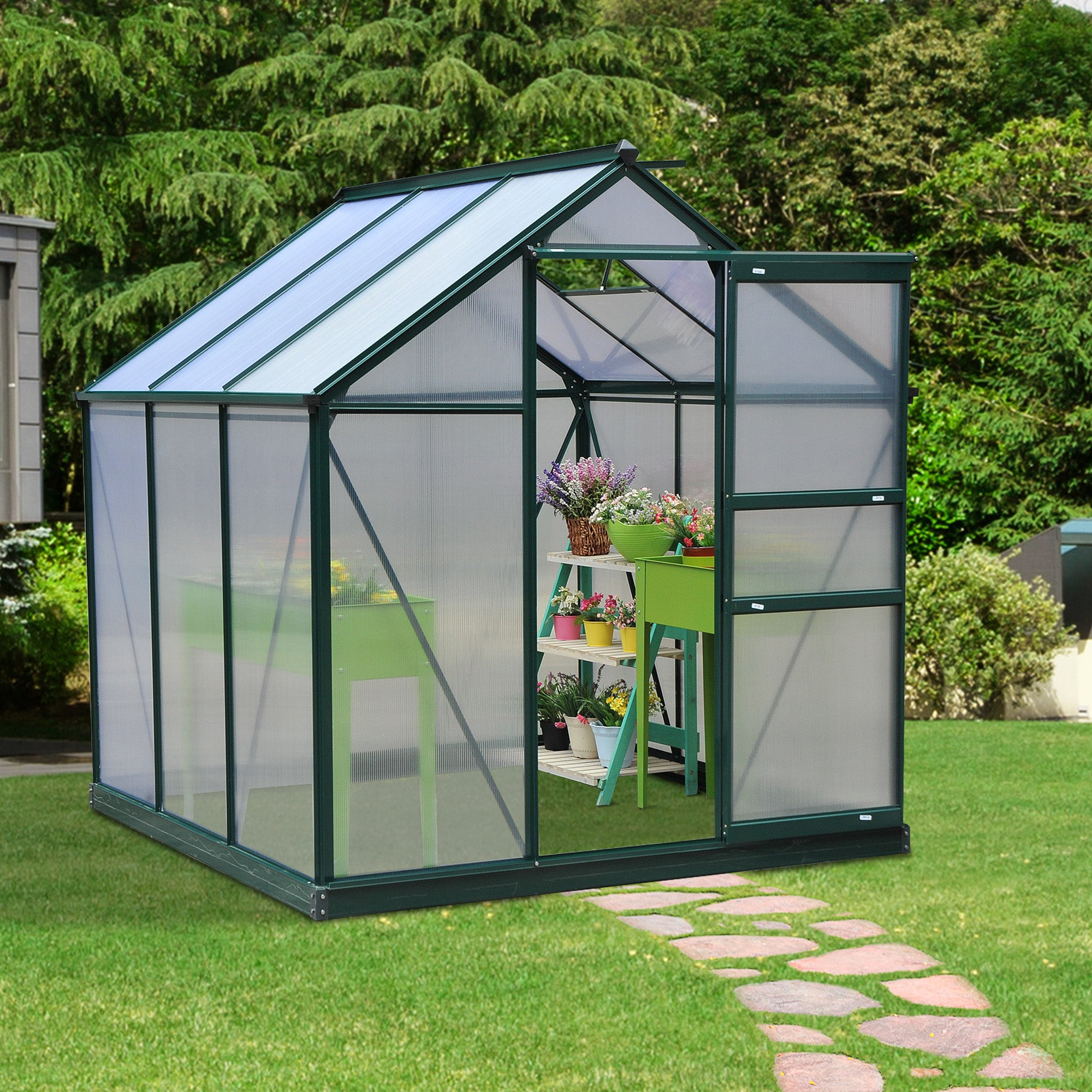 6.2' x 6.3' x 6.6' Clear Polycarbonate Greenhouse, Large Walk-In Green House Garden, Plants Grow, Galvanized Sheet Frame w/ Slide Door Walk In Greenhouses at Gallery Canada