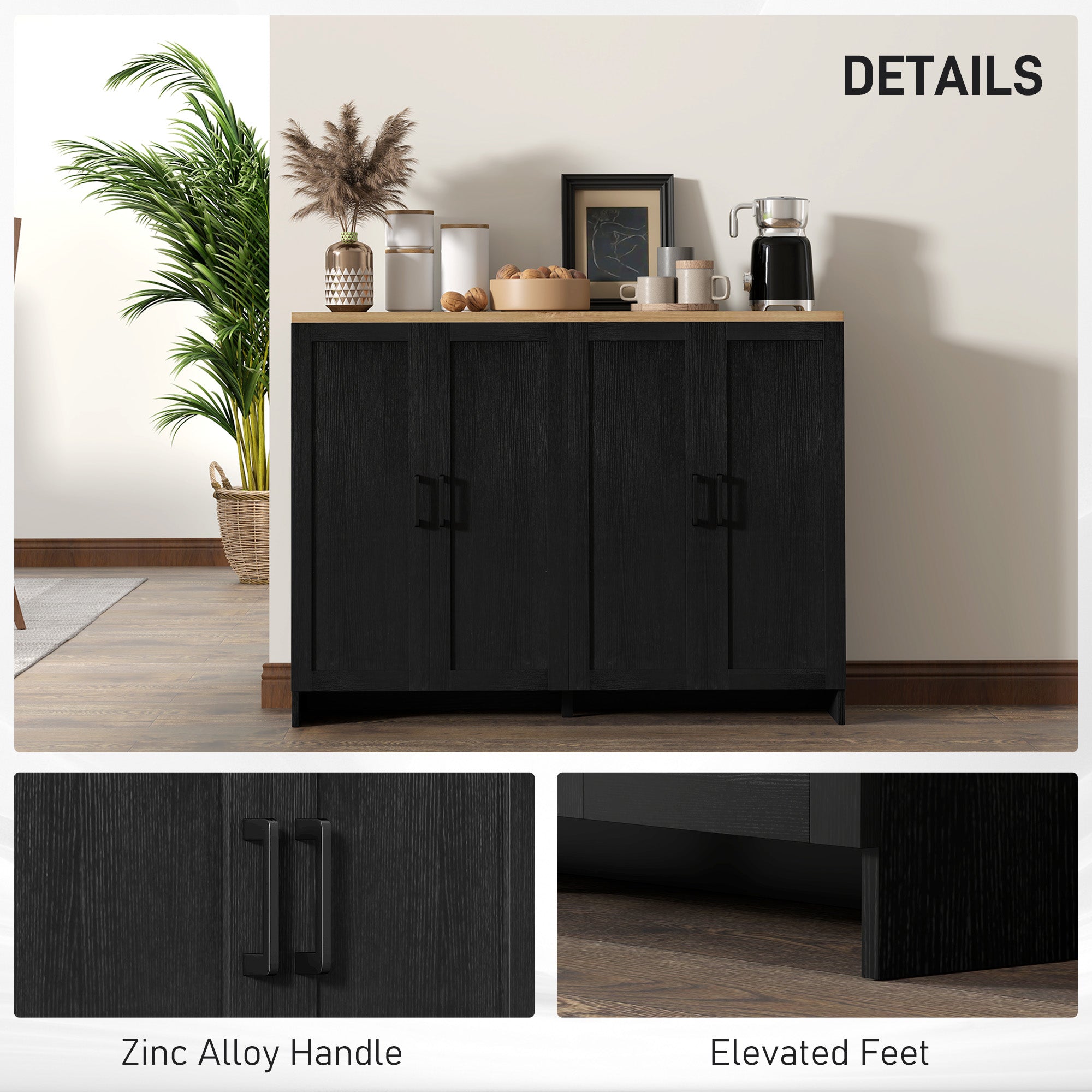 Modern Sideboard Buffet Cabinet, Modern Kitchen Storage Cabinet with 4 Doors Adjustable Shelves, for Dining Room, Black Storage Cabinets at Gallery Canada