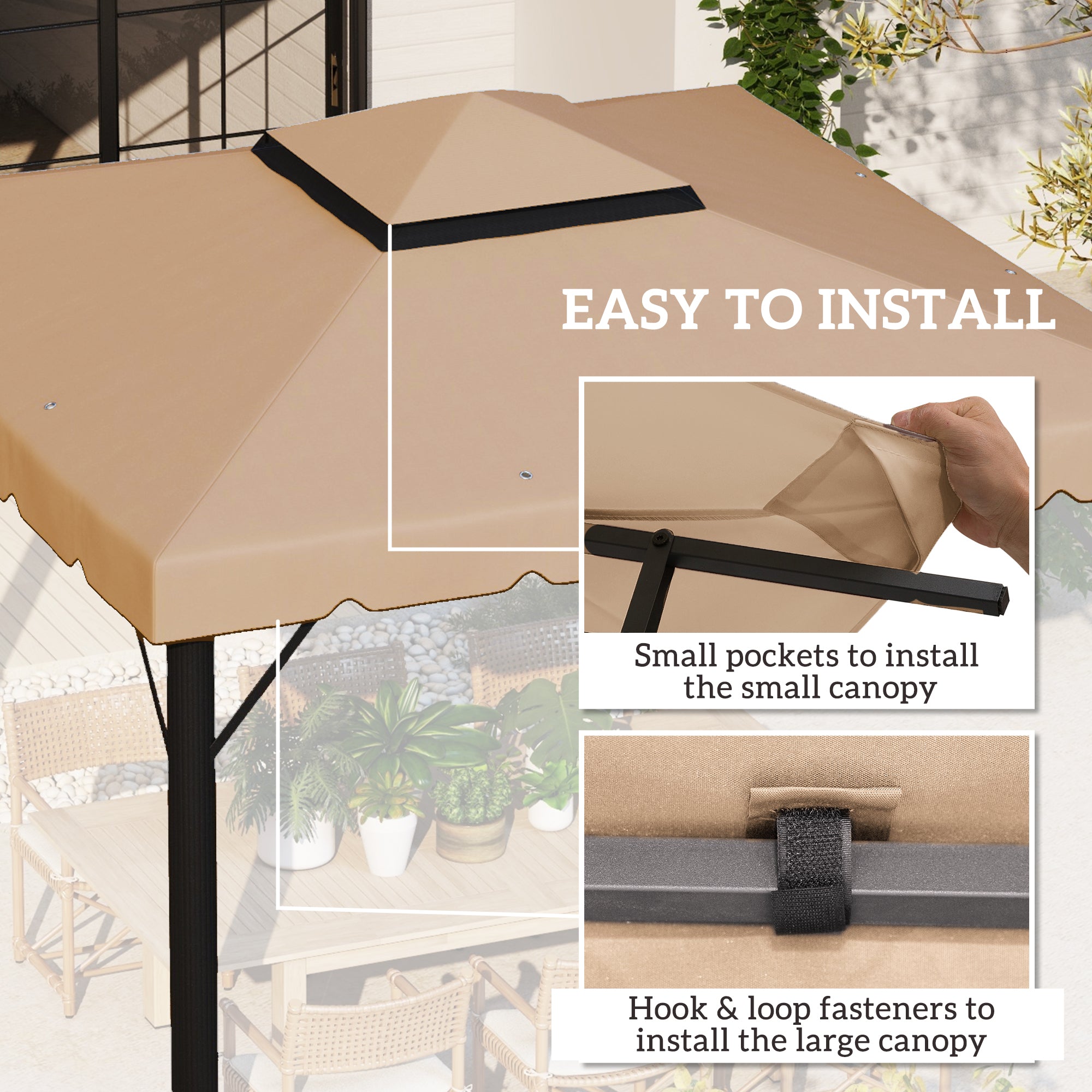 9.8' x 9.8' Replacement Canopy, Gazebo Top Cover with Double Vented Roof for Garden Patio (TOP ONLY), Khaki Gazebos at Gallery Canada