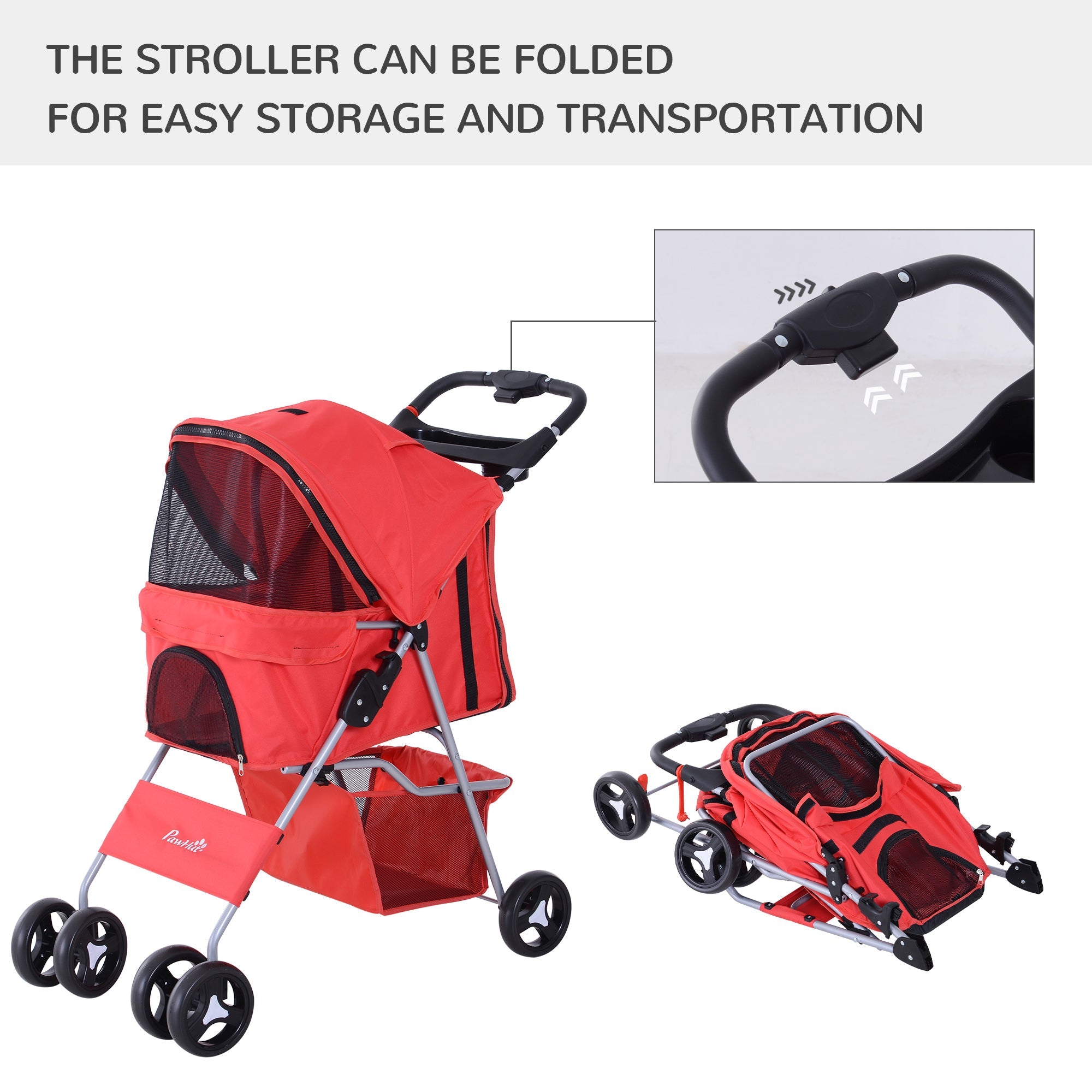 Foldable Pet Stroller Carrier with 4 Wheels, Cup Holder, Storage Basket, Red Dog Bike Trailers & Strollers   at Gallery Canada