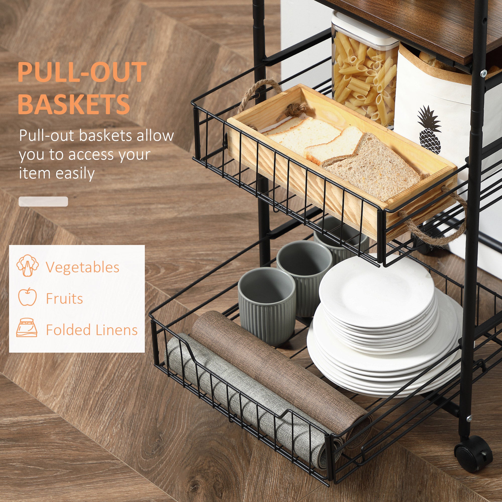 Rolling Kitchen Cart, 3-Tier Utility Storage Cart with 2 Basket Drawers &; Side Hooks, Lockable Casters for Dining Room Kitchen Islands & Kitchen Carts at Gallery Canada