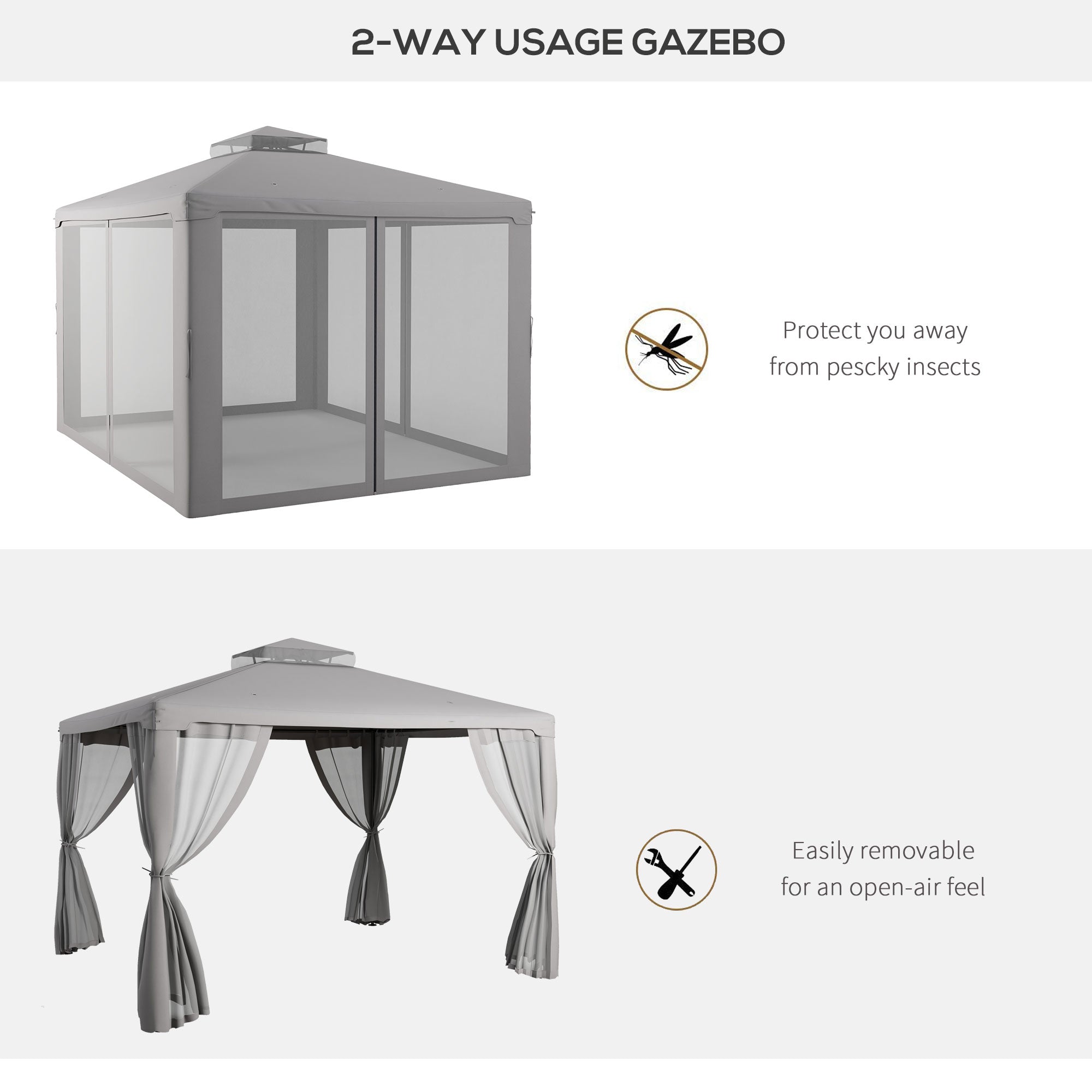 12' x 10' Patio Gazebo Outdoor Pavilion 2 Tire Roof Canopy Shelter Garden, Steel Frame w/ Mosquito Netting, Light Grey Gazebos at Gallery Canada
